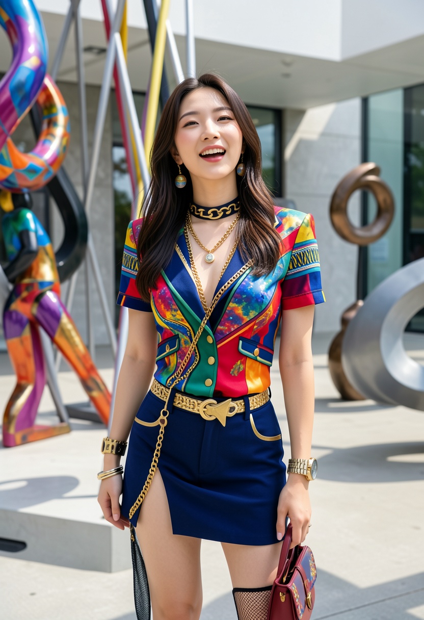 Create a photo of a 23-year-old Korean woman standing in front of a modern art installation during the day. She is dressed...