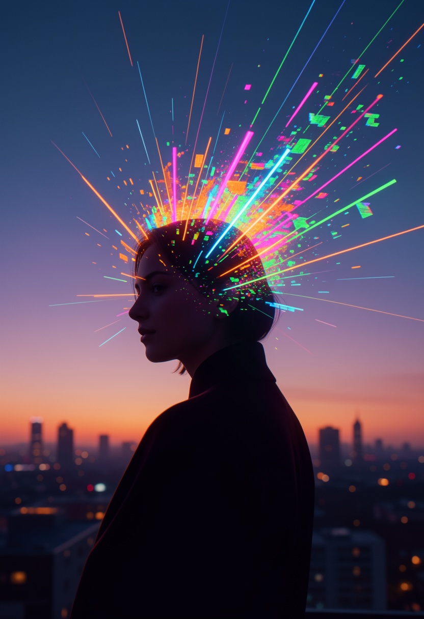 A surreal and glitch-inspired depiction of a figure with their head dissolving into a vibrant explosion of colorful light...