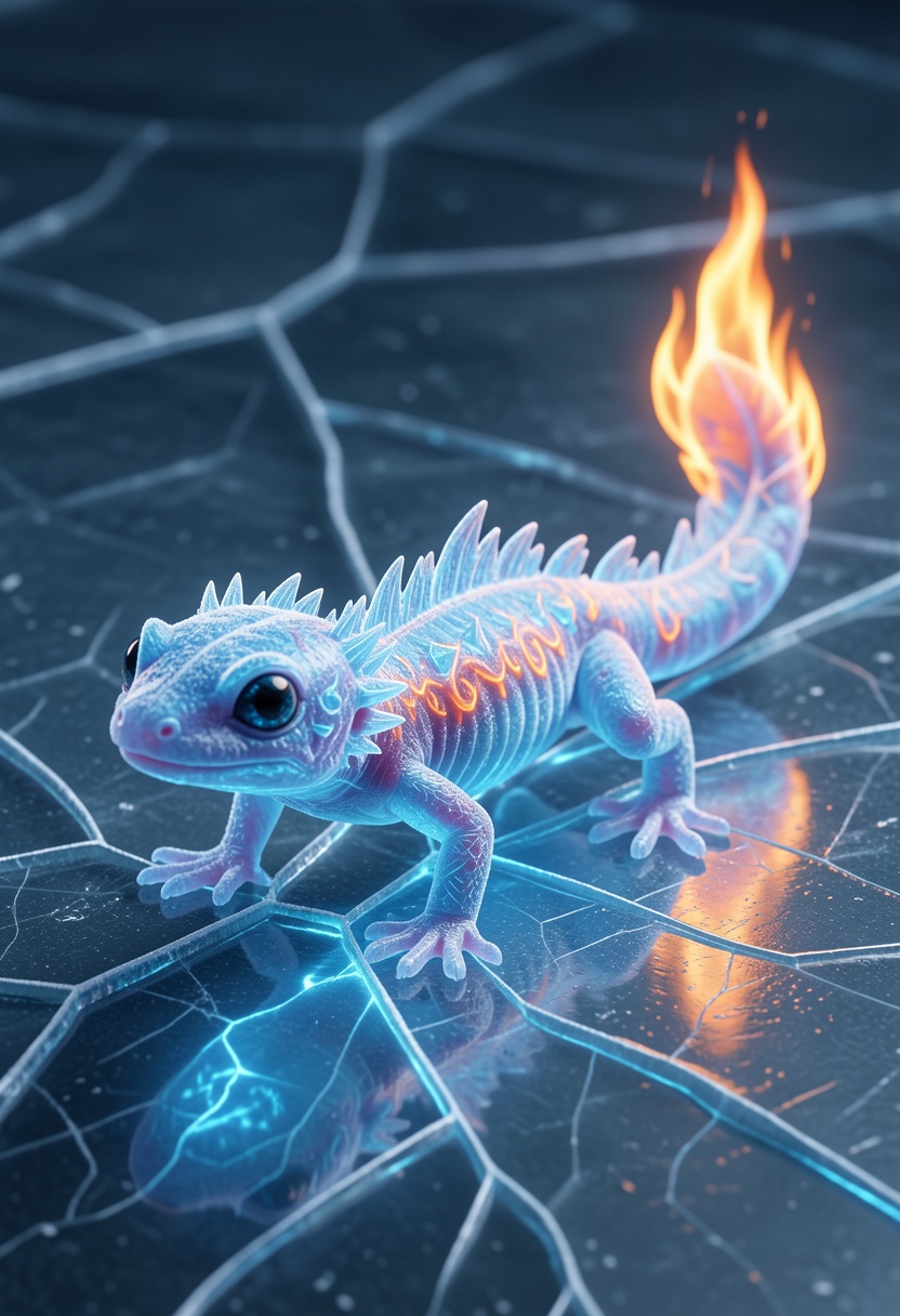 An adorable,  hyper-stylistic ice salamander stands on a sheet of cracked ice,  its body a mesmerizing fusion of frosty bl...