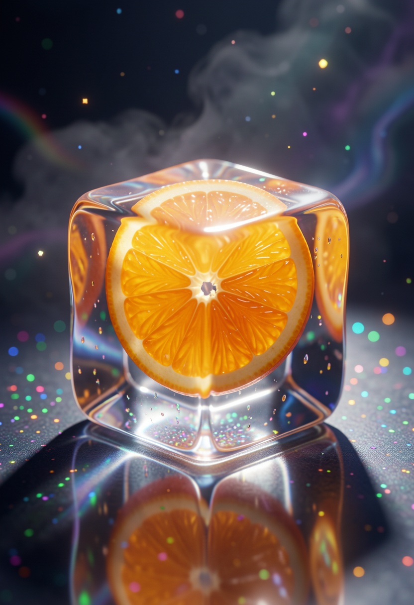 3D render,  realistic,  shining orange slice inside faceted ice cube on Tensor.Art