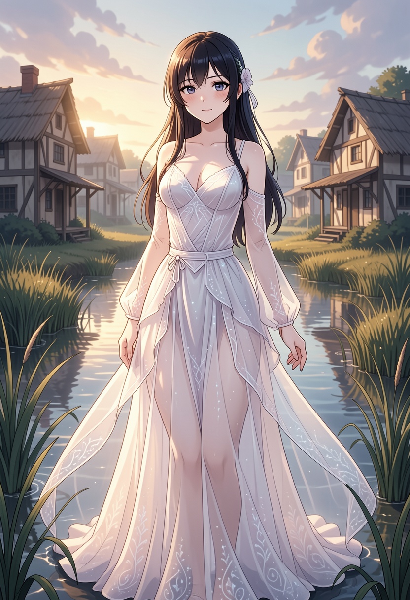 anime style,  2d,  An atmospheric anime of a beautiful woman wearing etheral dresss on Tensor.Art