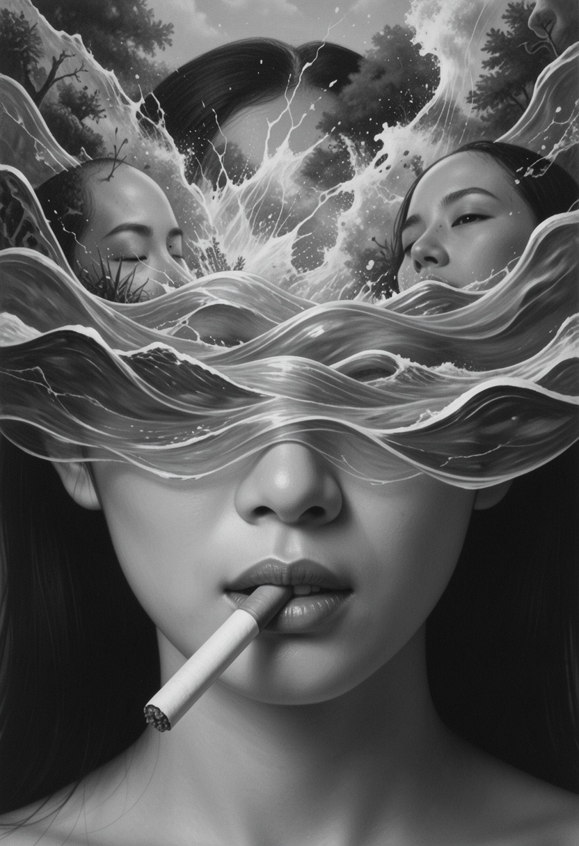 A surreal artwork showing a asian woman face with a cigarette in their mouth. upper face is obscured by what looks like a...