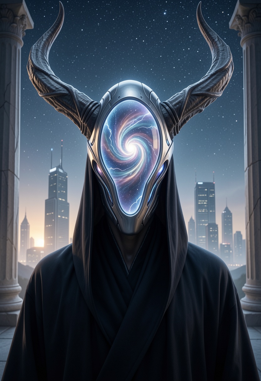Cinematic,  futuristic scene featuring a close-up portrait of a mysterious figure wearing a dark,  flowing robe. The figur...