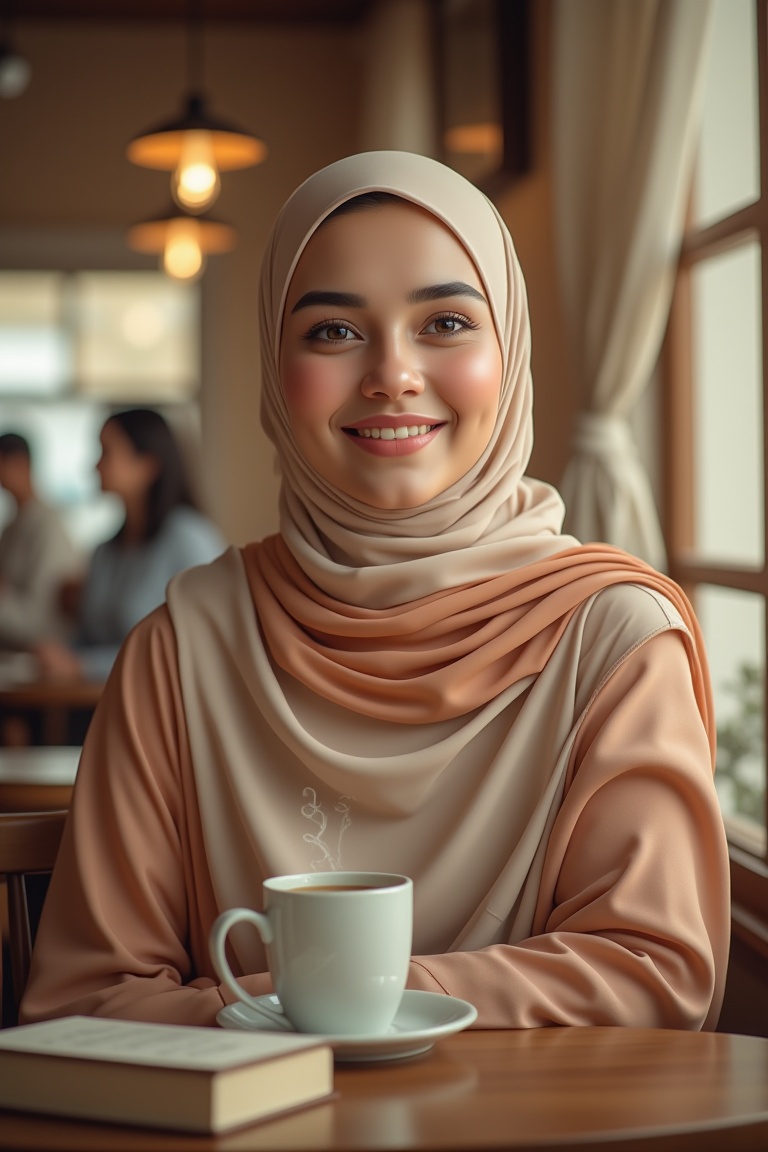 Photorealistic portrait of a Muslim woman wearing an annrin_hijabsoft hijab,  seated in a cozy cafe—wooden table,  steamin...