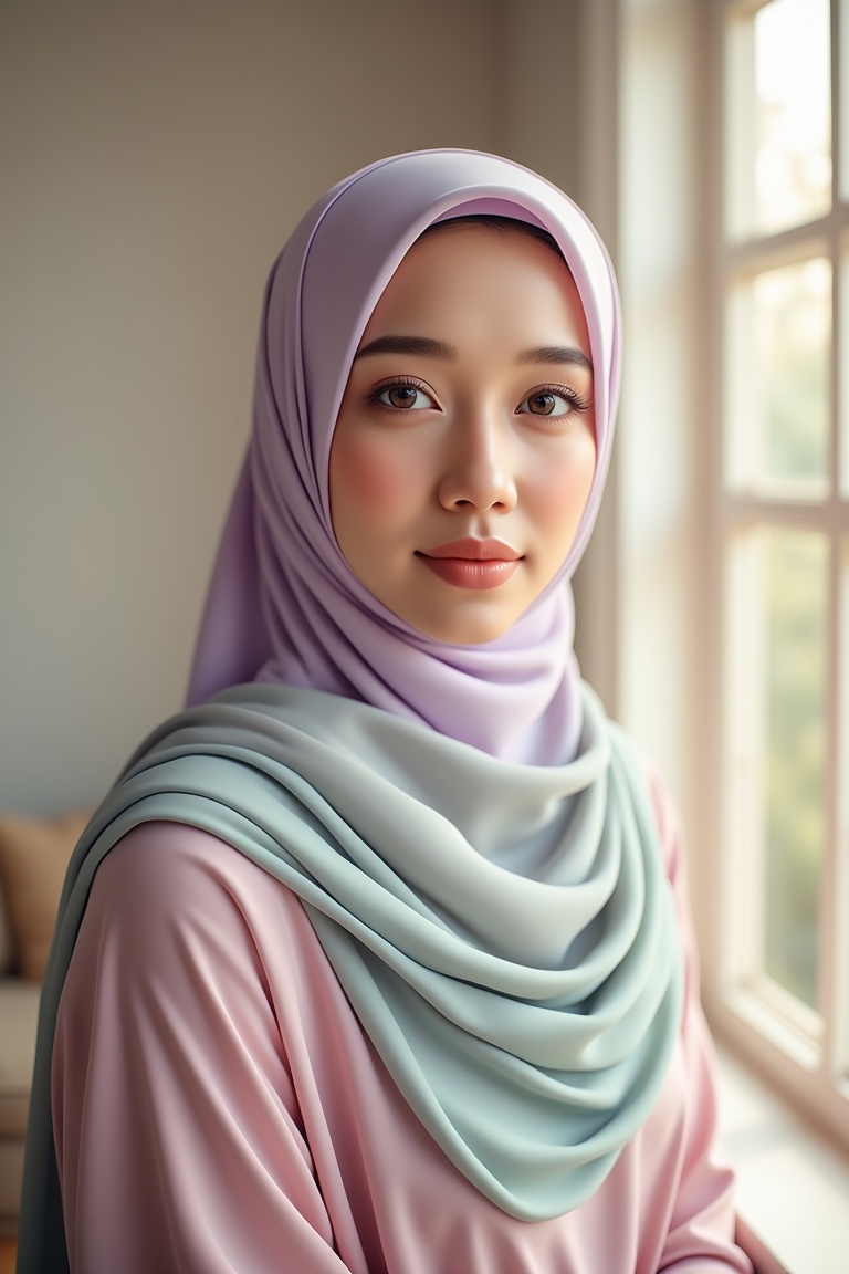 Photorealistic portrait of a Muslim woman wearing an annrin_hijabsoft,  soft flowing hijab in pastel tones,  framed medium...