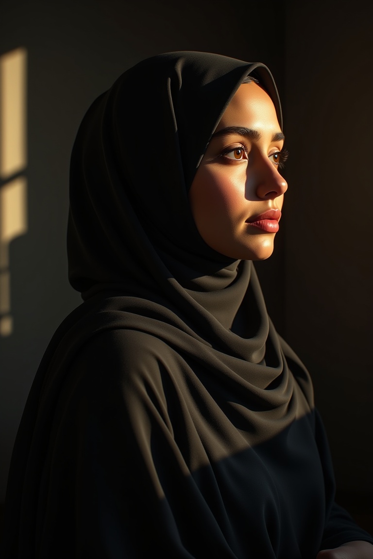 Photorealistic portrait of a Muslim woman wearing an annrin_hijabsoft hijab,  framed medium-close with dramatic side windo...