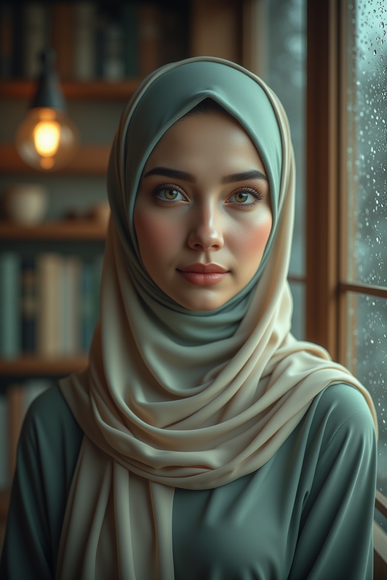 Photorealistic portrait of a Muslim woman wearing an annrin_hijabsoft hijab,  standing near a rain-streaked window on a ra...
