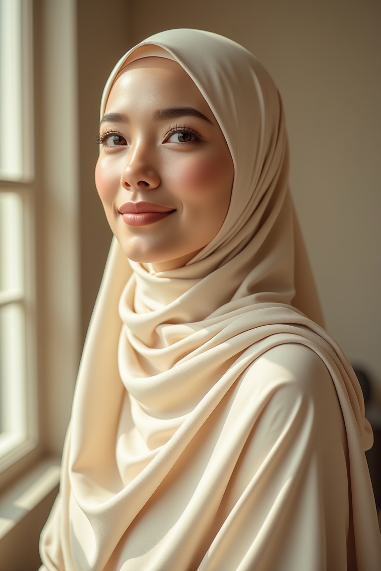 Photorealistic portrait of a Muslim woman wearing an annrin_hijabsoft cream hijab,  soft daylight streaming from a side wi...
