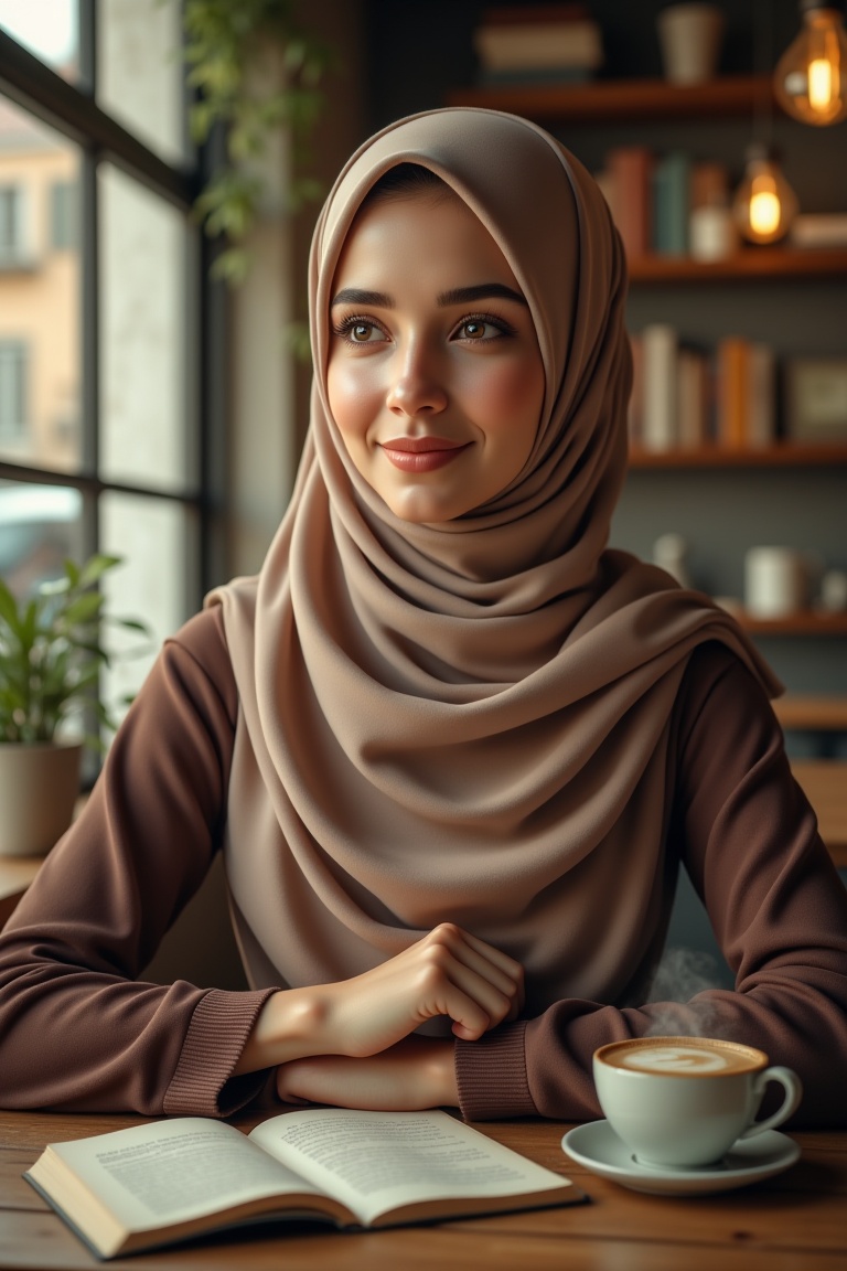 Photorealistic portrait of a Muslim woman wearing an annrin_hijabsoft hijab,  seated at a rustic wooden table in a cozy ca...