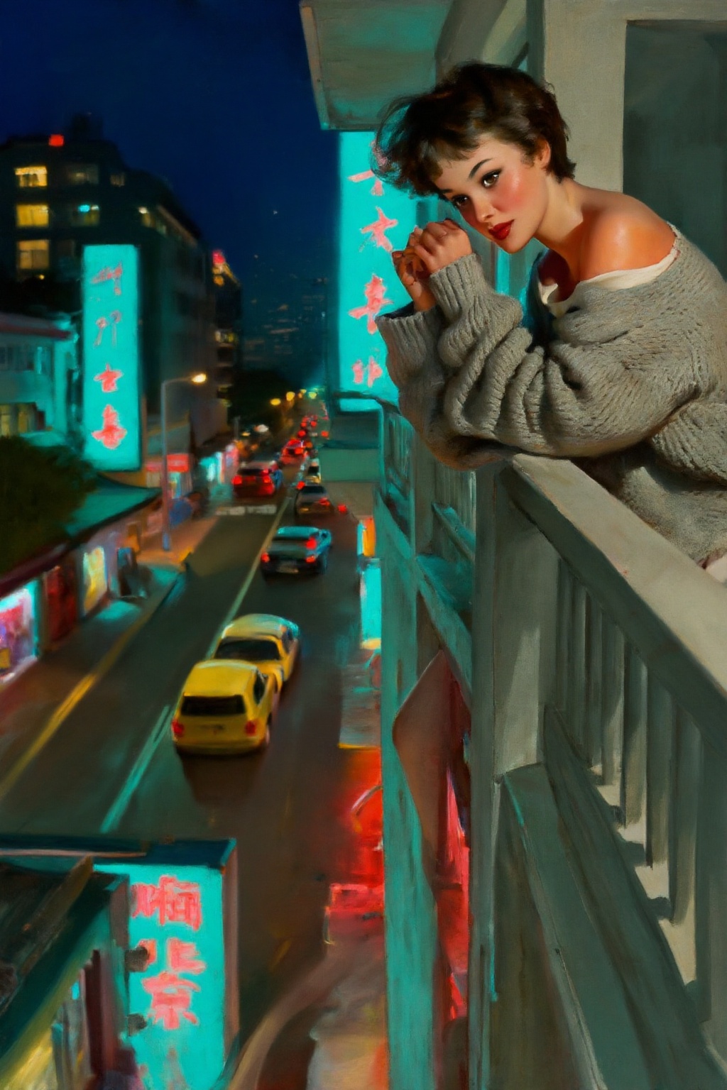 gilelvgren4z illustration. On the right is a woman with short,  messy dark hair leaning against the railing of a concrete...
