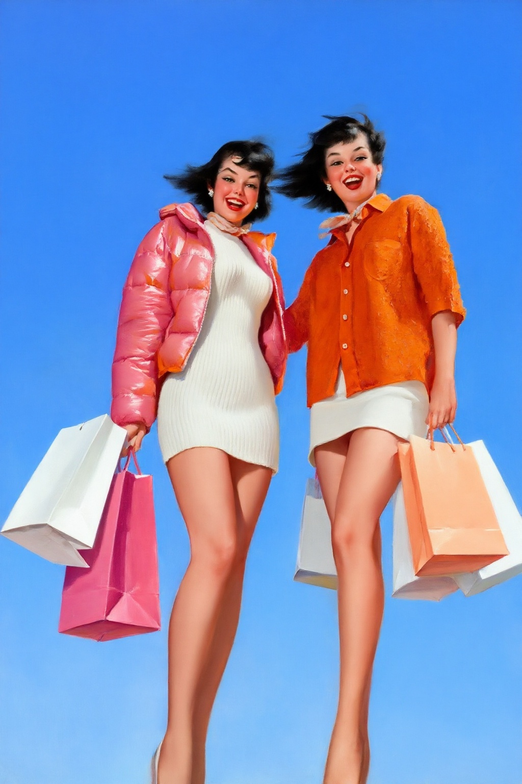 gilelvgren4z illustration. Low-angle shot of two smiling young women with short,  wind-swept black hair posing against a c...
