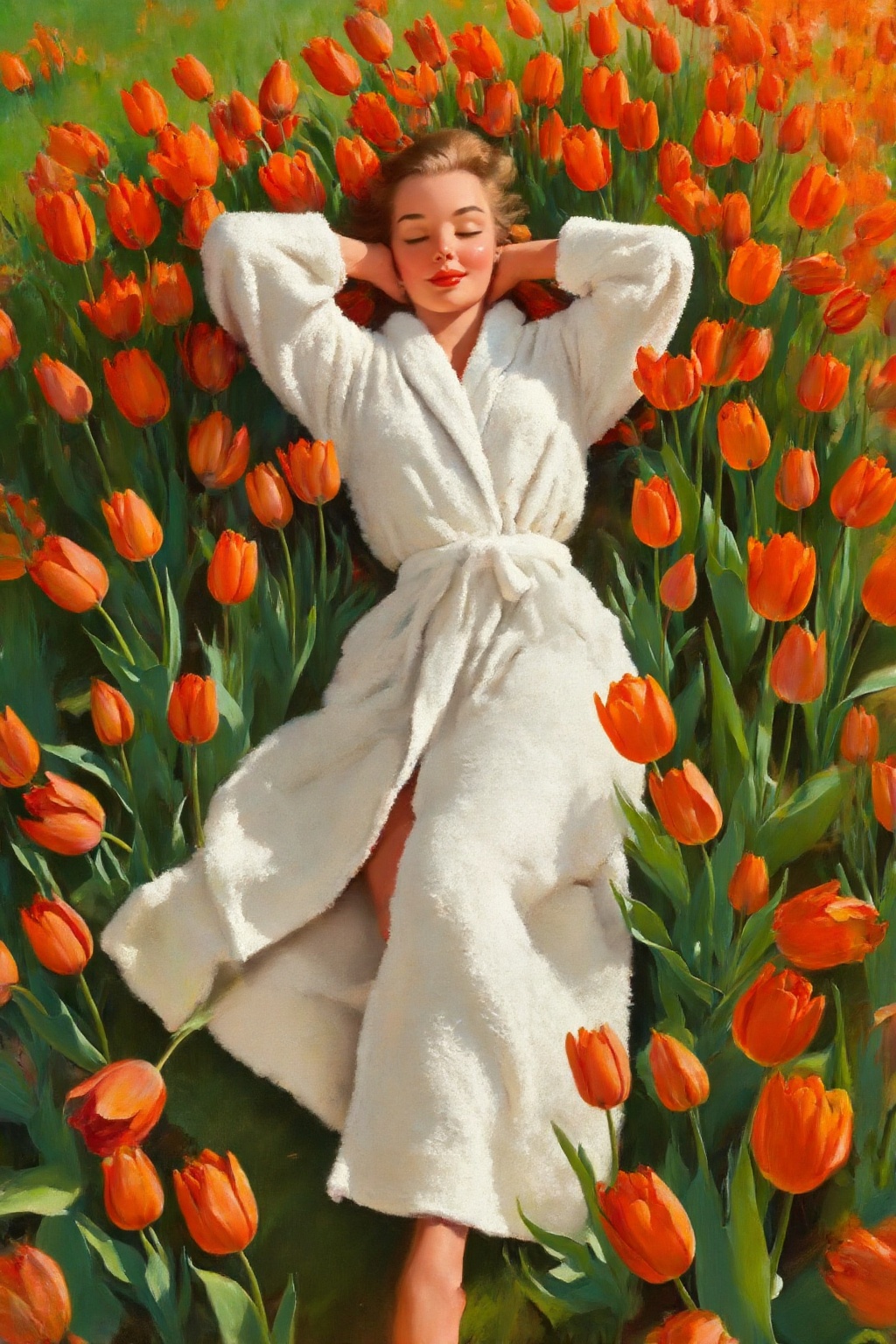gilelvgren4z illustration. High-angle,  top-down view of a young woman lying peacefully on her back in a lush field of ora...