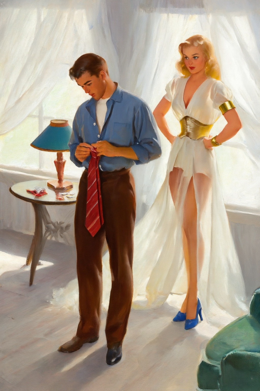 gilelvgren4z illustration. A couple in a brightly lit room with sheer white curtains. On the left is a young man with shor...