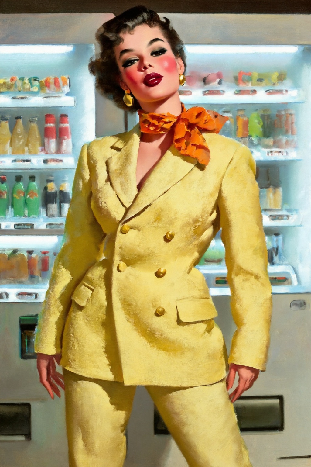 gilelvgren4z illustration. A woman posing in front of brightly lit vending machines with her head tilted slightly side way...