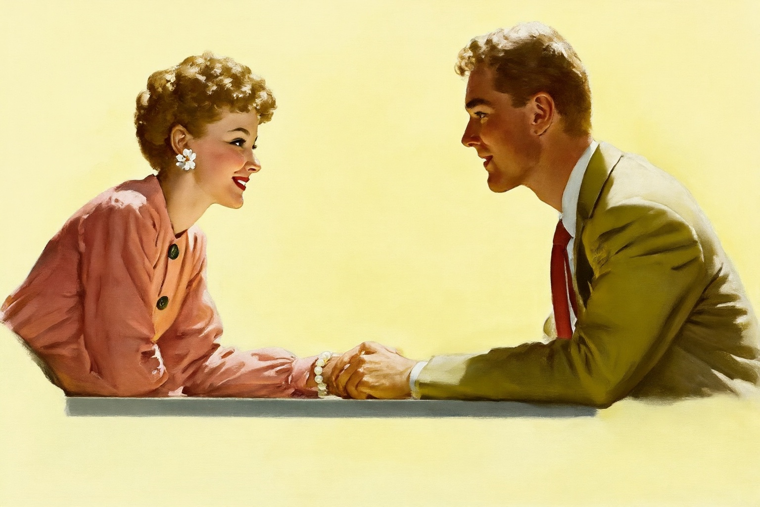 gilelvgren4z illustration. A smiling woman and man,  shown in side profiles,  sit across from each other at a table on Ten...