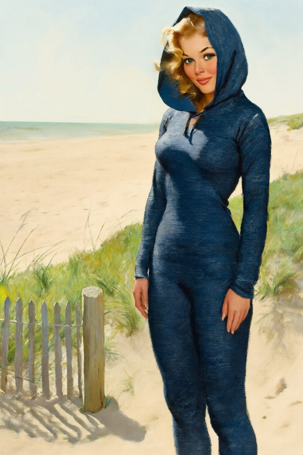 gilelvgren4z illustration. woman with wavy blonde hair standing on a grassy,  sandy beach. She is standing on the right,...