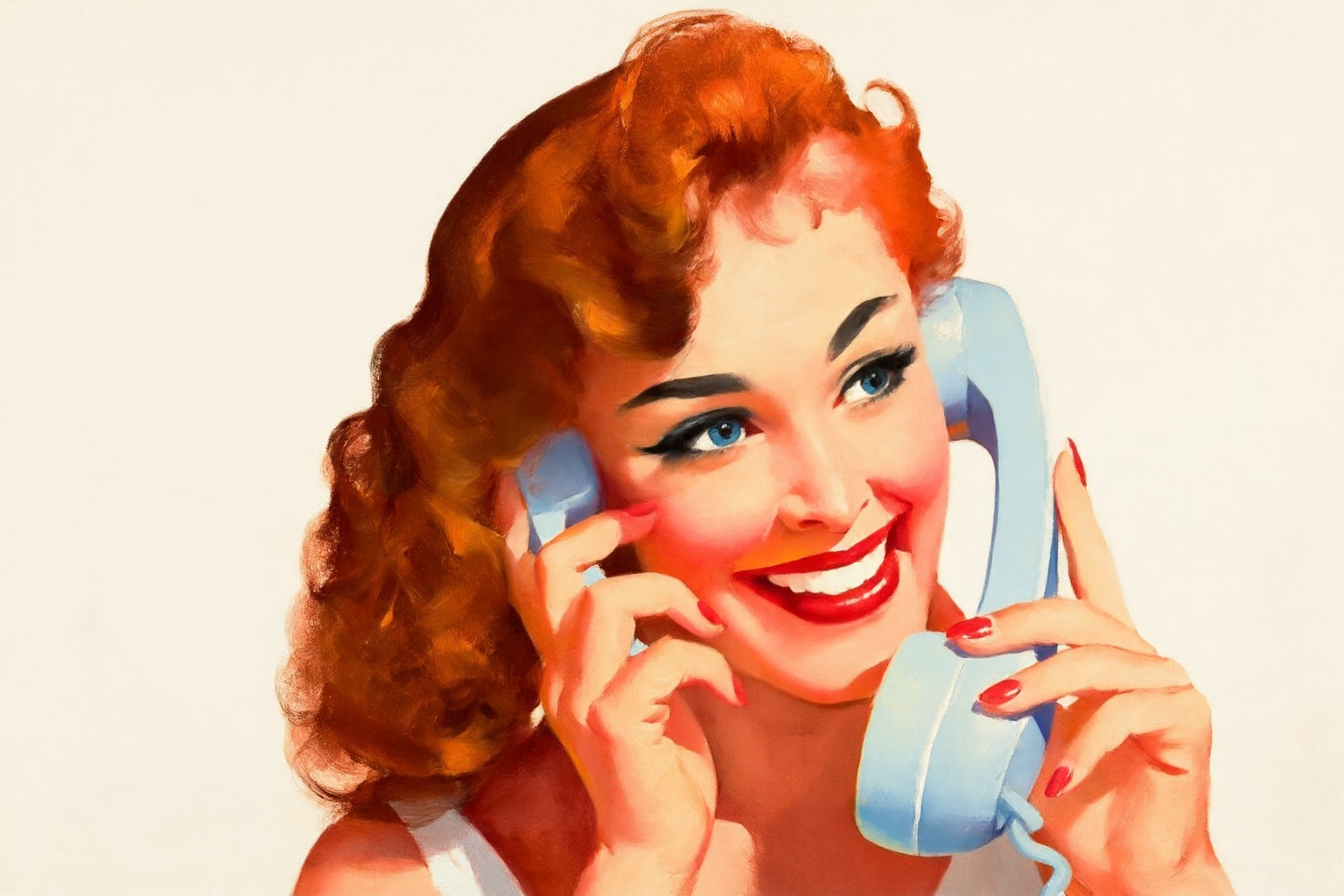 gilelvgren4z illustration. Close-up of a woman with a cheerful expression captured mid-conversation. She is holding a ligh...
