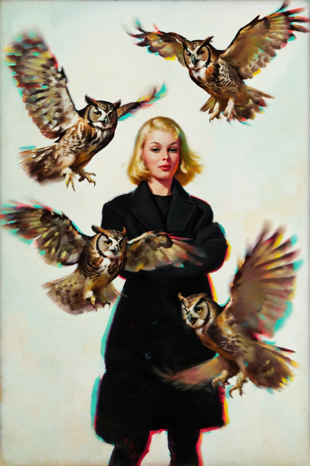 gilelvgren4z illustration. Low-angle shot of a woman with shoulder-length blonde hair standing amidst three owls in motion...