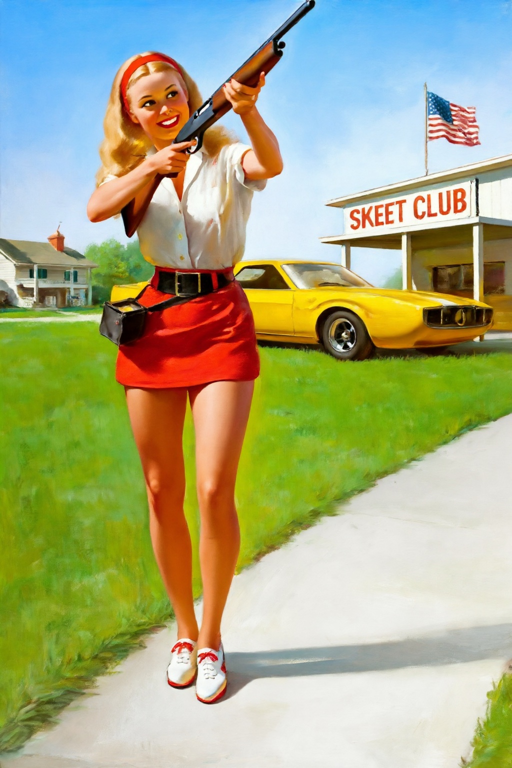 gilelvgren4z illustration. A woman stands outdoors on a sunny day,  smiling brightly and looking off-camera to her right a...