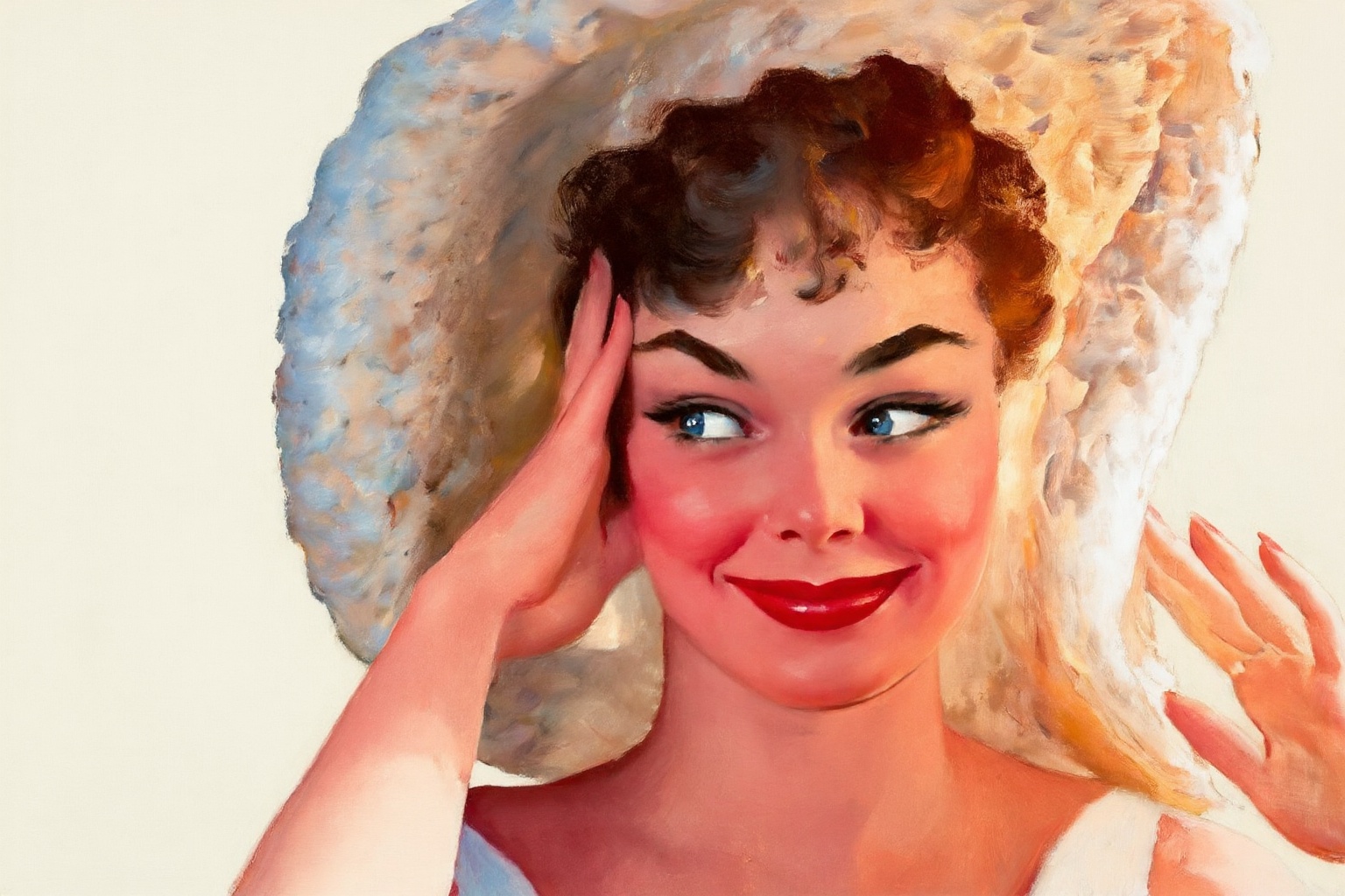 gilelvgren4z illustration. Close-up of a smiling woman with red lipstick and blue eyes,  looking coyly to the the left fro...