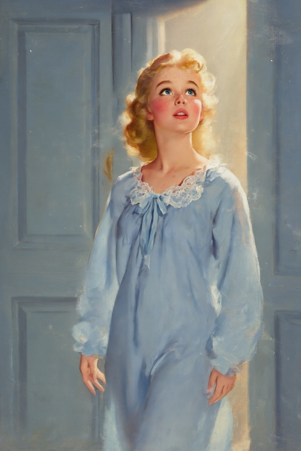gilelvgren4z illustration. Young woman,  shown in 3/4 view,  with wavy on Tensor.Art
