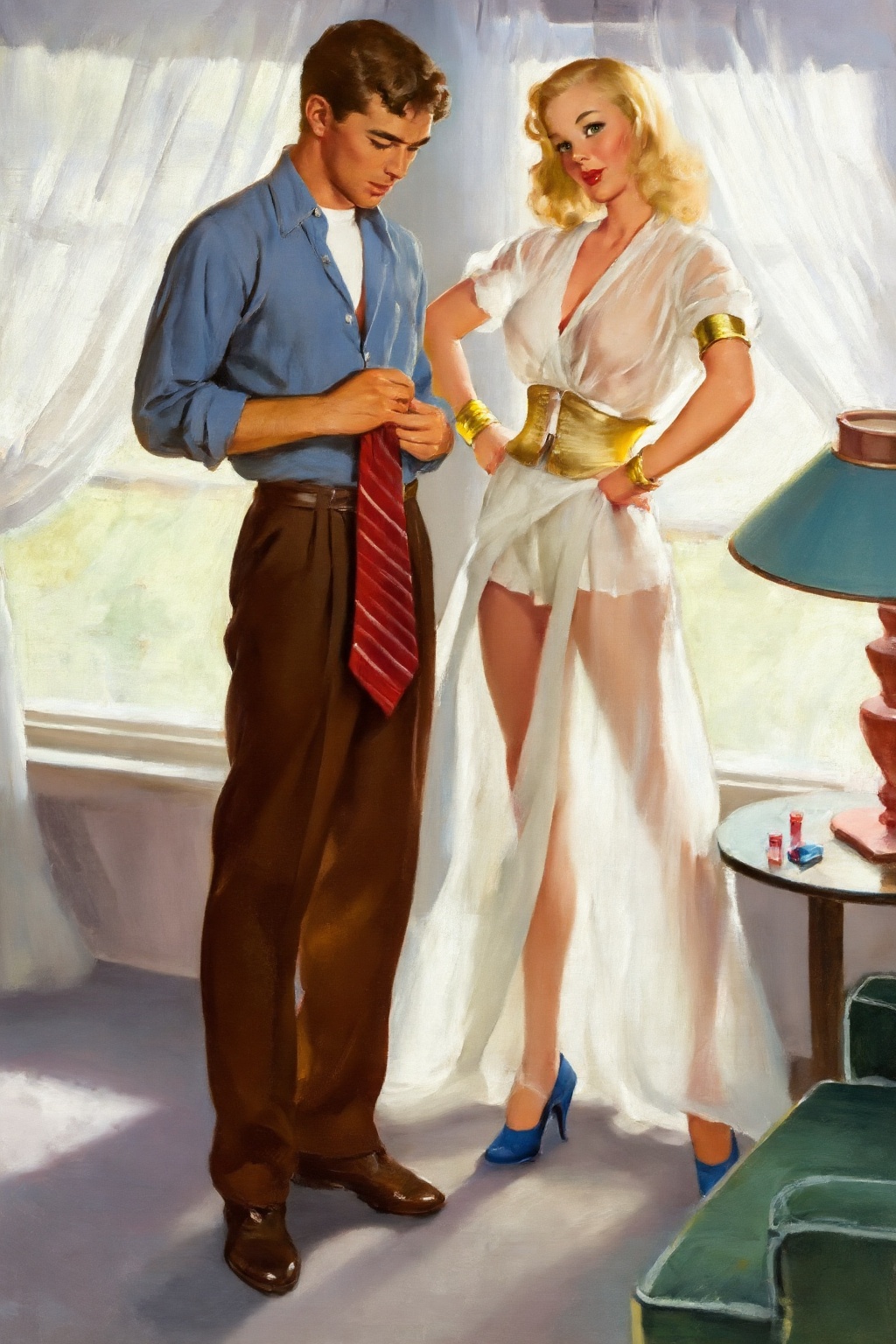 gilelvgren4z illustration. A couple in a brightly lit room with sheer white curtains. On the left is a young man with shor...