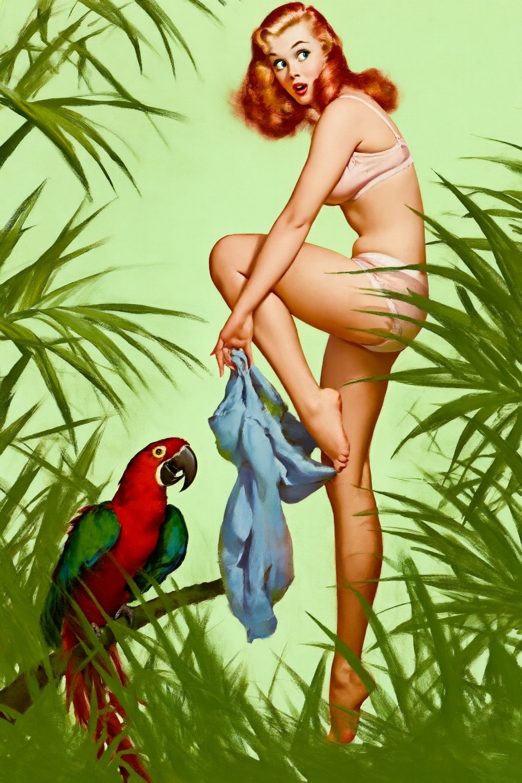 gilelvgren4z illustration. Side profile view of a barefoot woman. She has long reddish-blonde,  wavy hair with curls,  loo...
