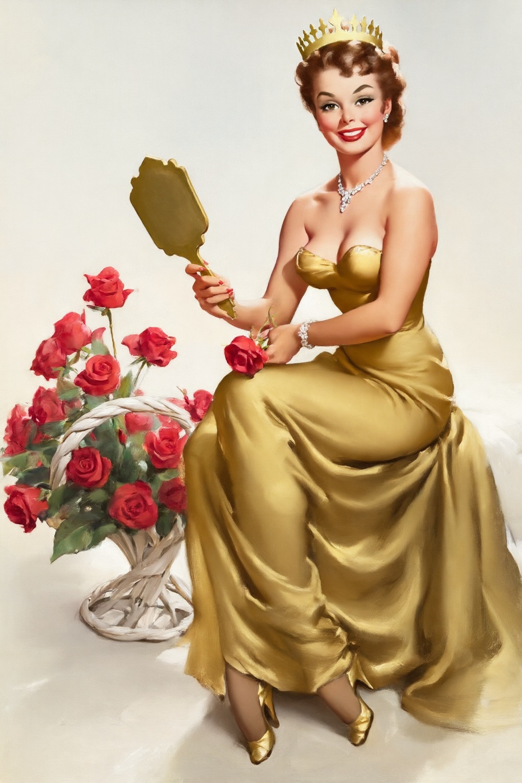 gilelvgren4z illustration. A smiling woman with brown wavy hair styled in a vintage updo and wearing a gold crown sits,  l...