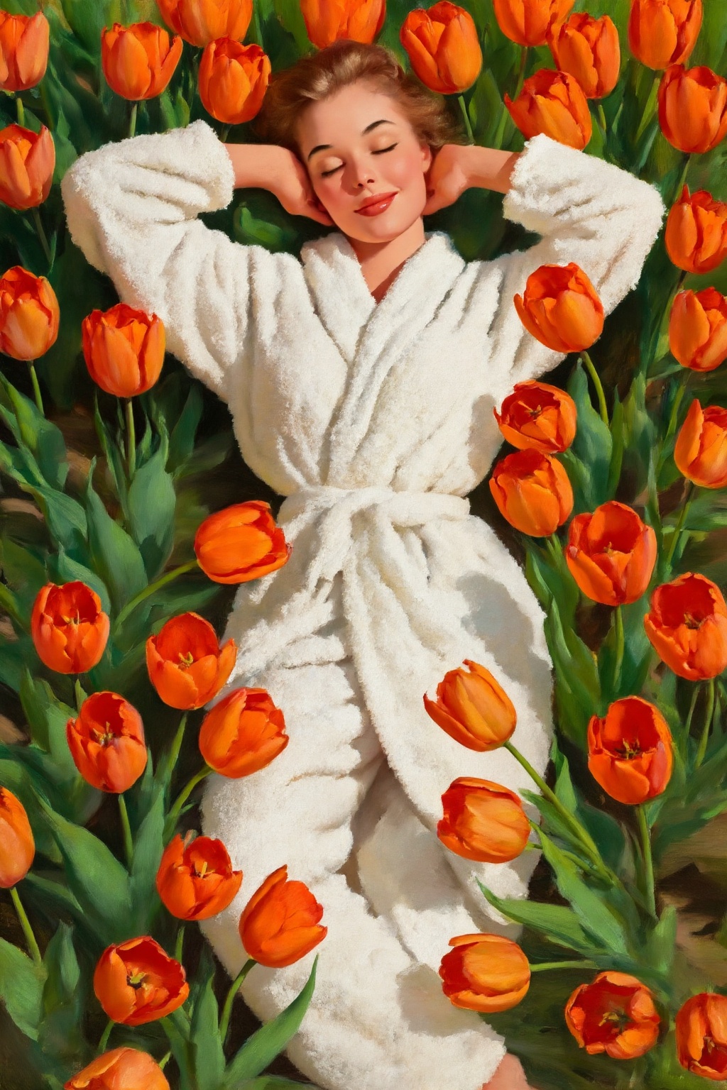 gilelvgren4z illustration. High-angle,  top-down view of a young woman lying peacefully on her back in a lush field of ora...