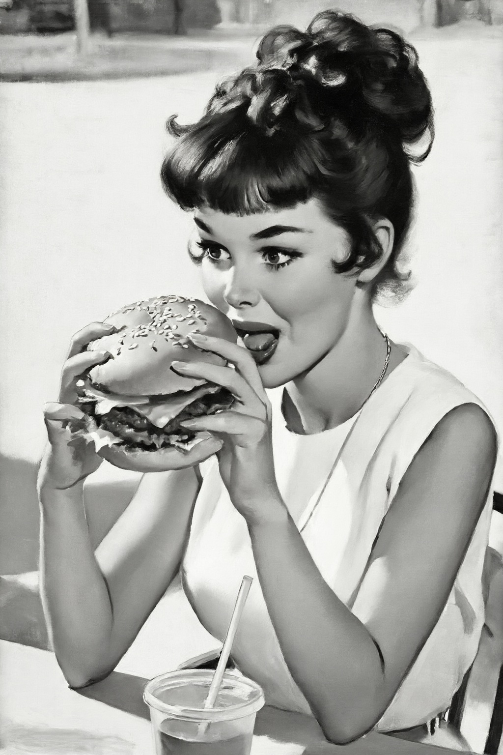 gilelvgren4z illustration. Black-and-white portrait of a 1960s young woman,  shown in 3/4 view,  mid-bite as she eats a la...