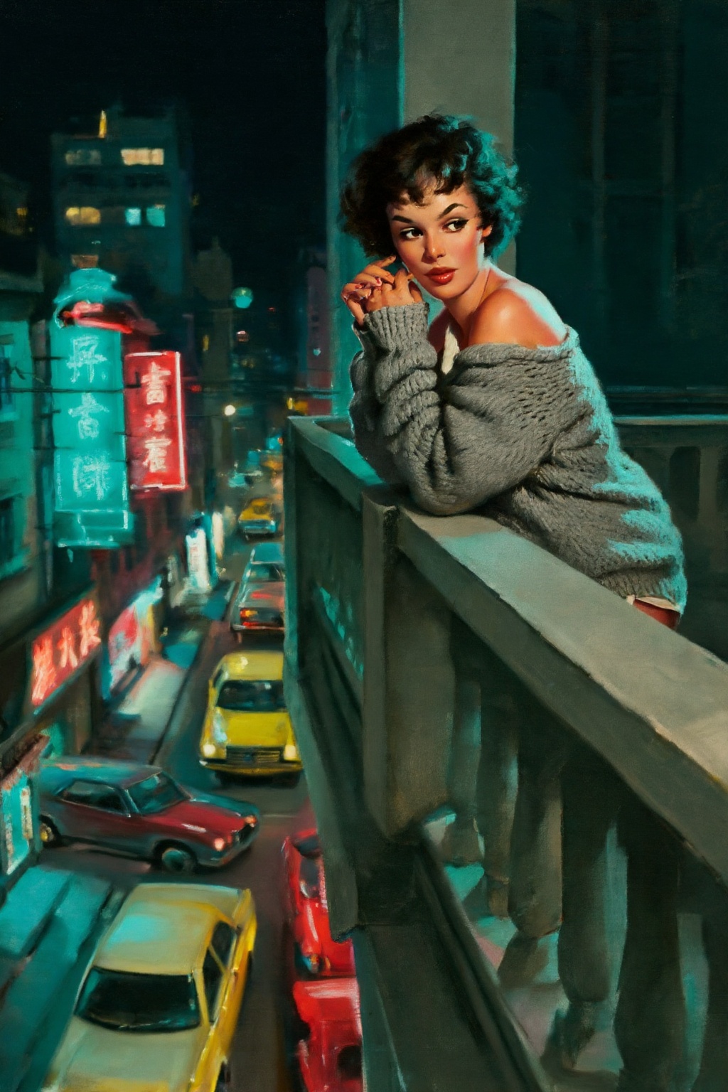 gilelvgren4z illustration. On the right is a woman with short,  messy dark hair leaning against the railing of a concrete...