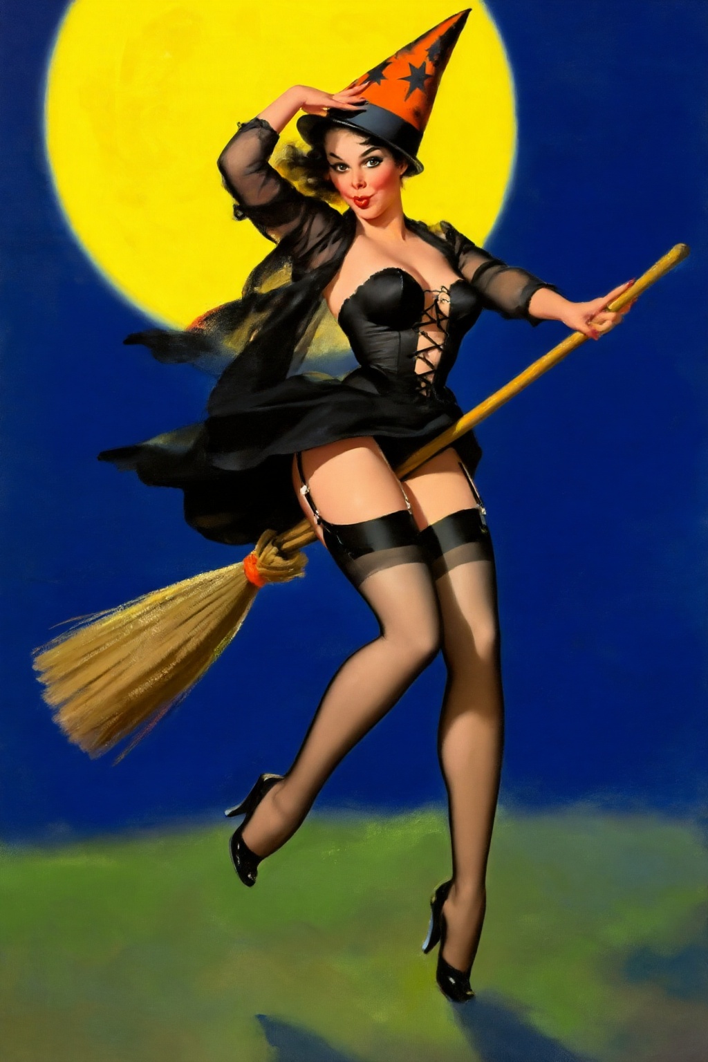 gilelvgren4z illustration. A woman is shown in 3/4 view,  dressed as a witch,  with dark on Tensor.Art