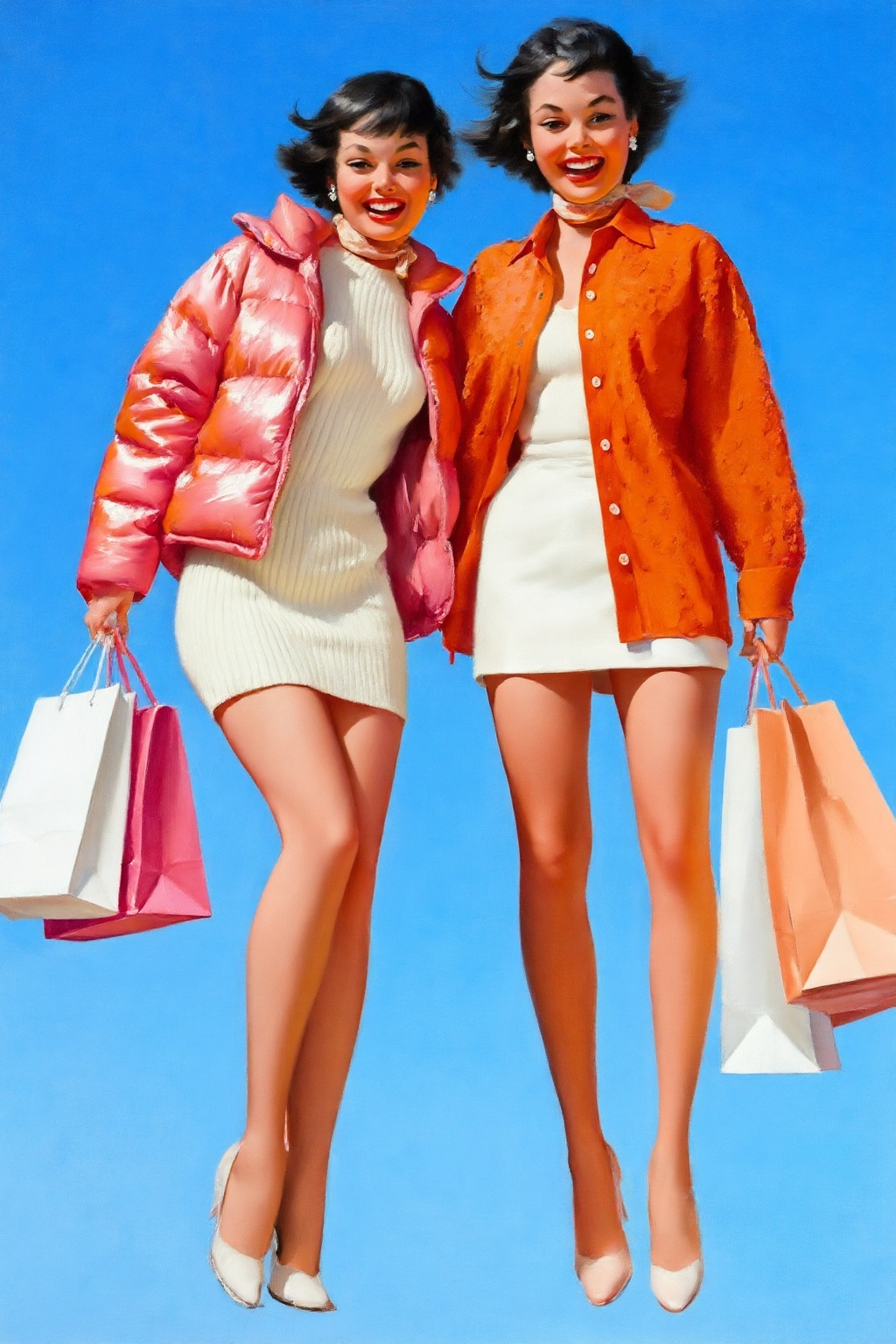 gilelvgren4z illustration. Low-angle shot of two smiling young women with short,  wind-swept black hair posing against a c...