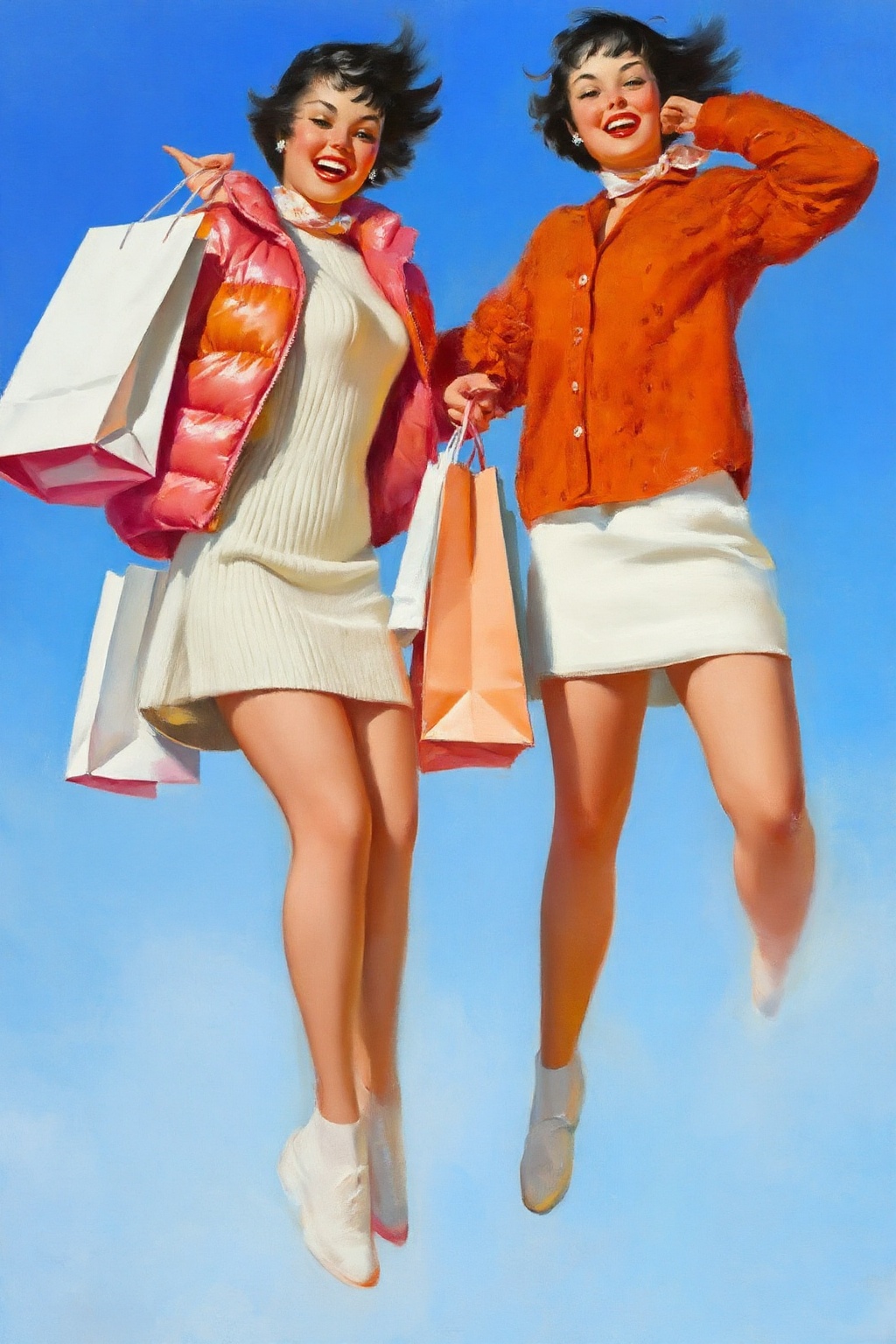 gilelvgren4z illustration. kaoruyamada4z painting. Low-angle shot of two smiling young women with short,  wind-swept black...