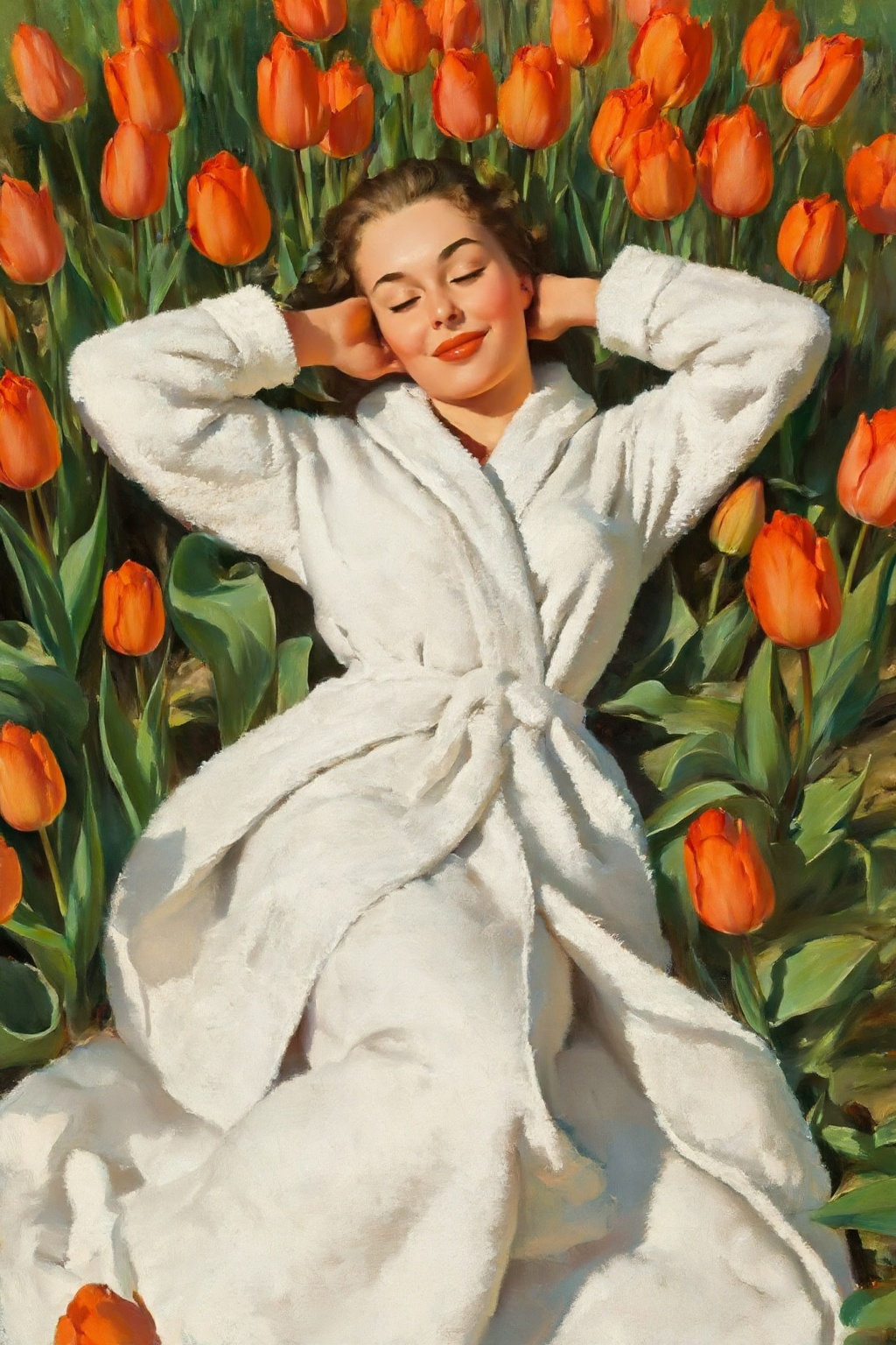 High-angle,  top-down view of a young woman lying peacefully on her back in a lush field of orange tulips. She has her eye...