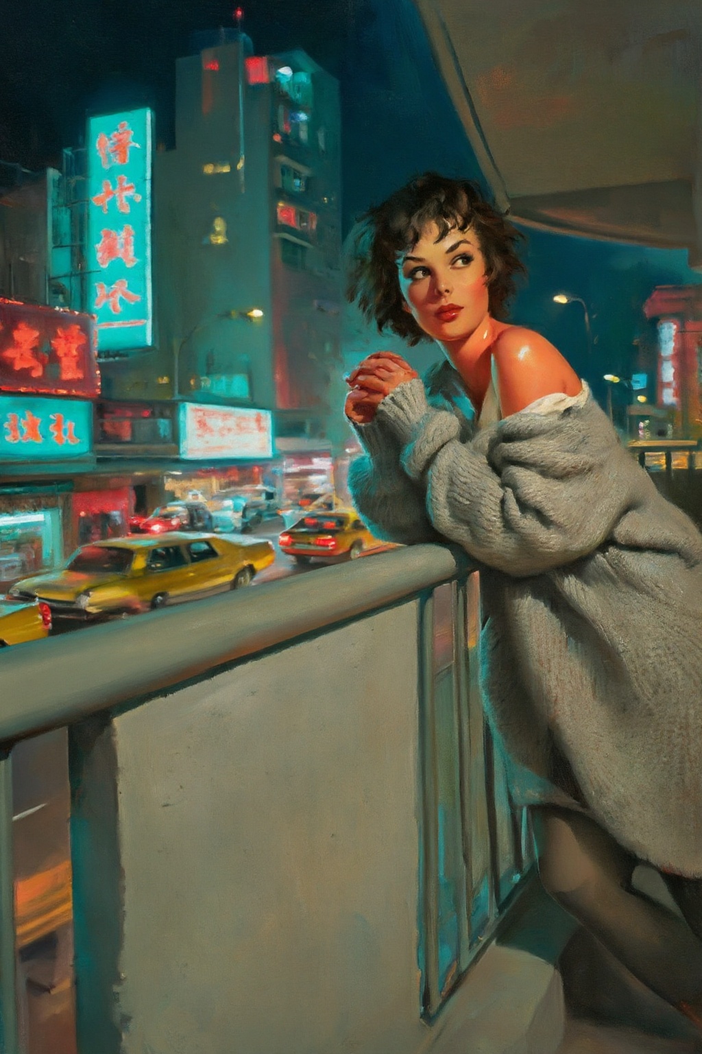 gilelvgren4z illustration. On the right is a woman with short,  messy dark hair leaning against the railing of a concrete...
