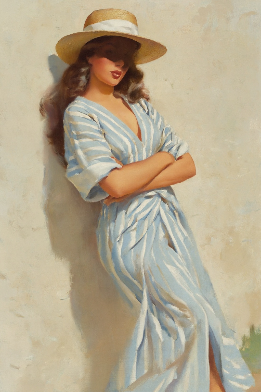 gilelvgren4z illustration. Slightly low angle view of a woman with a slender build and tan skin leaning against a textured...