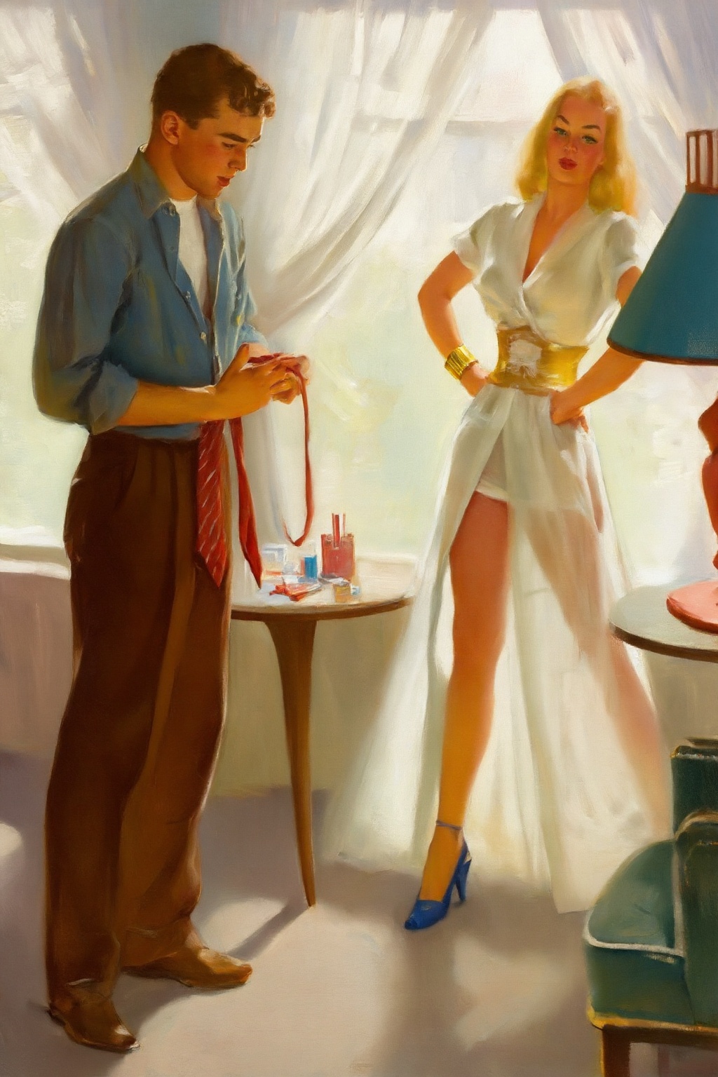 gilelvgren4z illustration. A couple in a brightly lit room with sheer white curtains. On the left is a young man with shor...