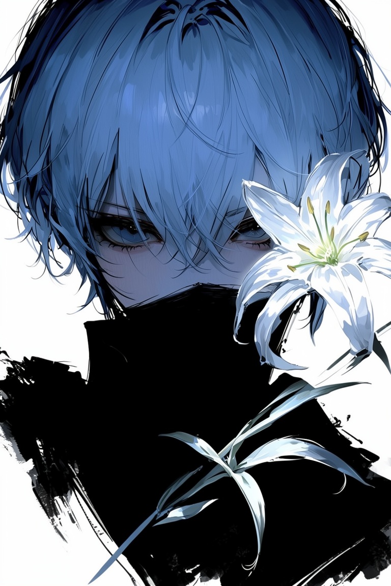 anime style,  cinematic close-up,  a mysterious character with short blue hair on Tensor.Art