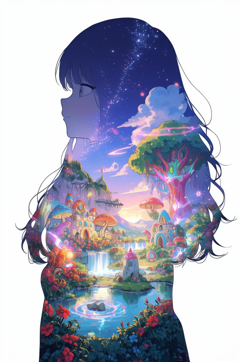 Silhouette of a girl in a scenery of a magical world,  fantastic scenery of another world,  close-up on Tensor.Art