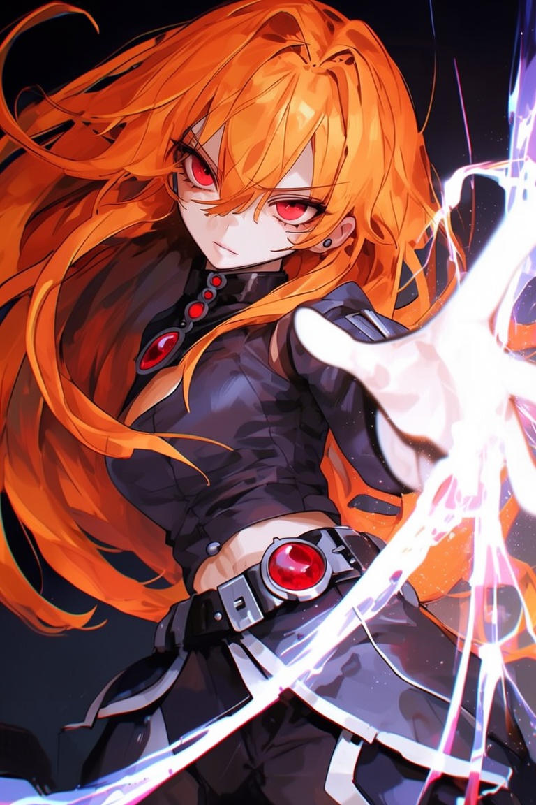 The image depicts a vibrant anime-style character with long,  flowing orange hair and striking red eyes. She is wearing a...
