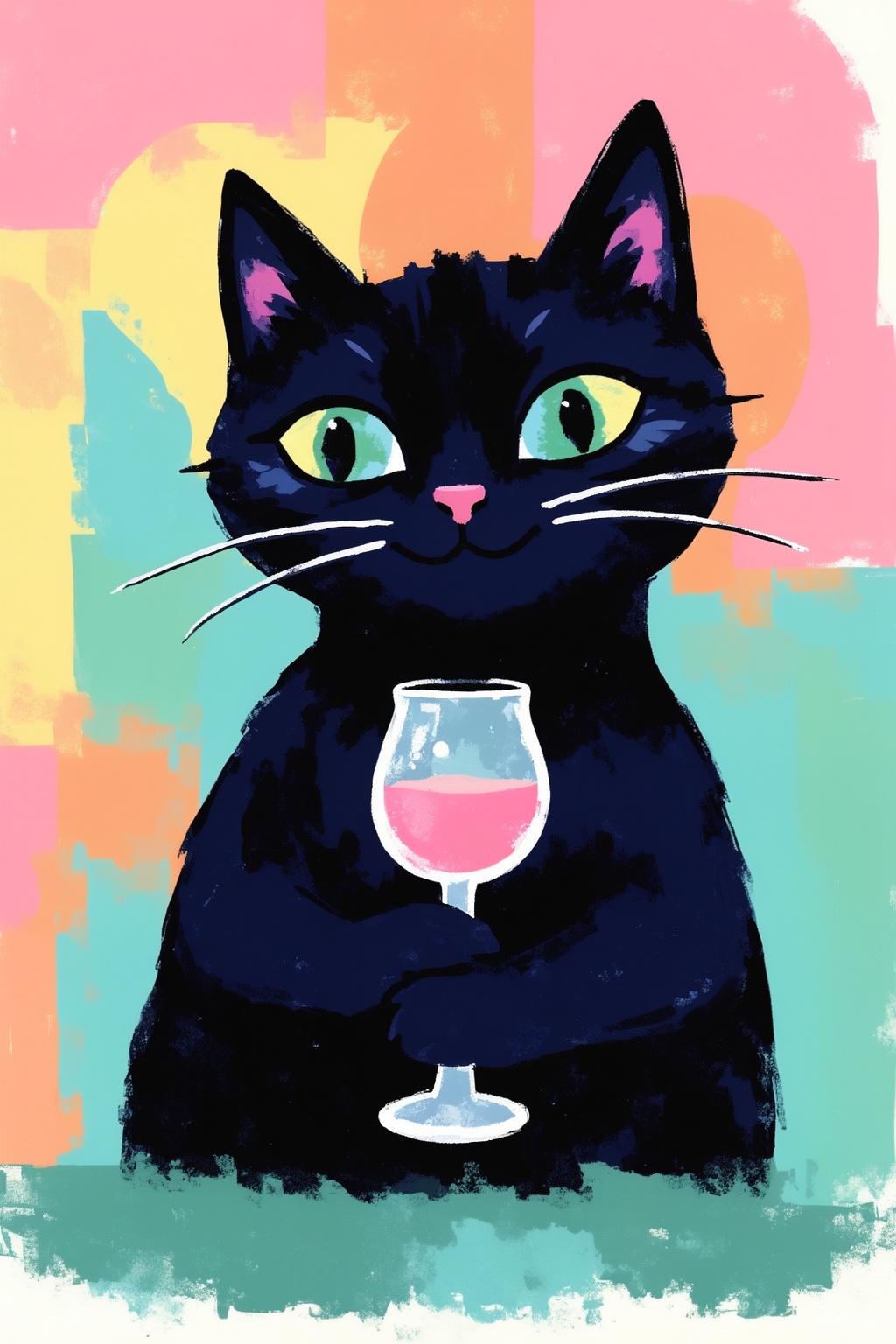 minimalist8k illustration. Whimsical modern storybook illustration featuring a stylized black cat with large,  expressive...