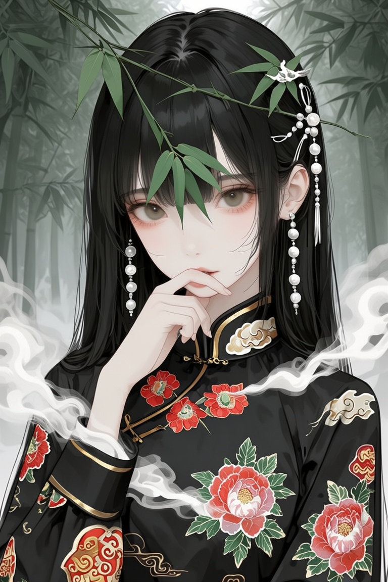 主体：新中式古风少女,  黑长直齐刘海造型,  佩戴珍珠流苏发饰 on Tensor.Art
