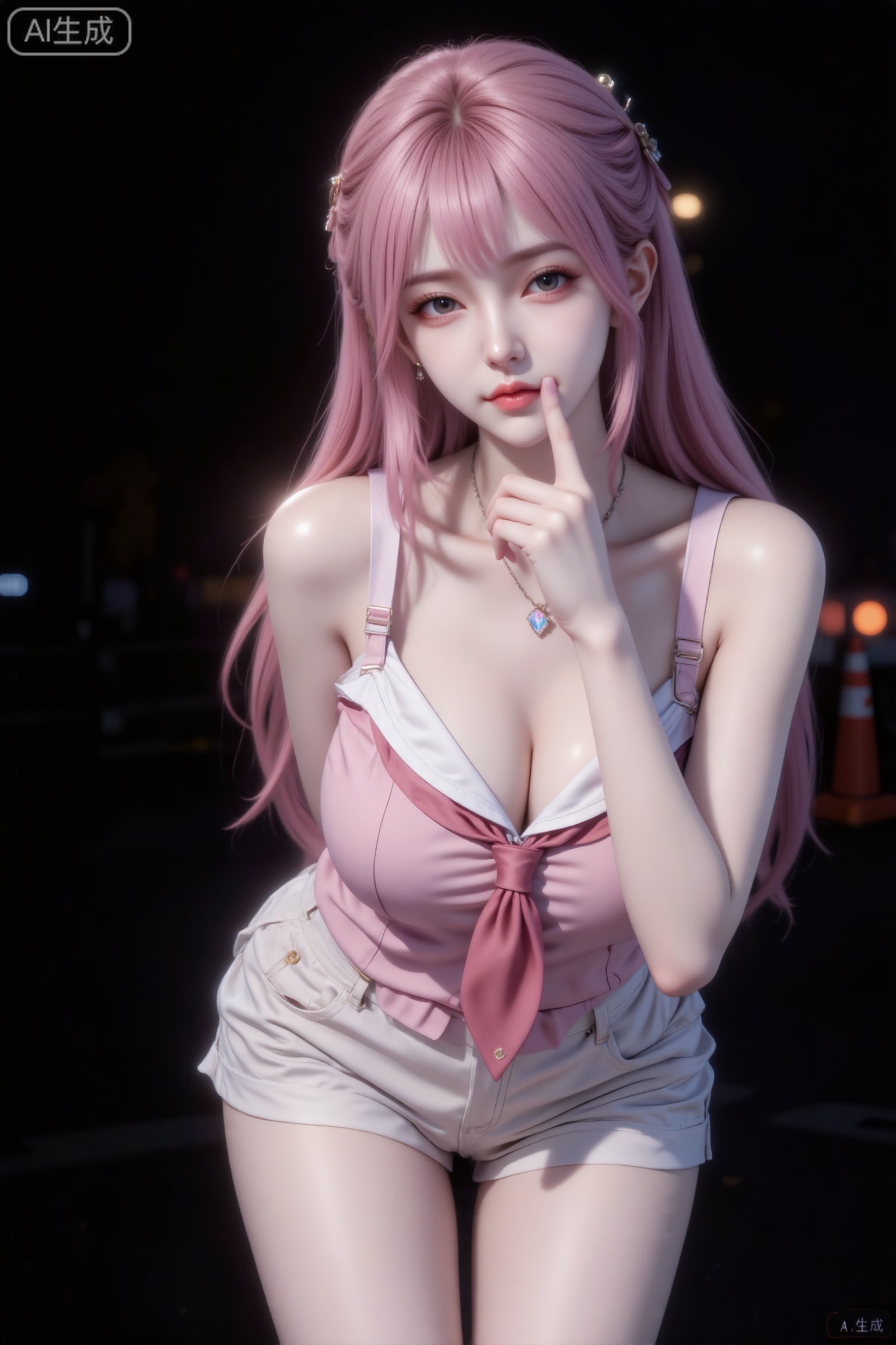 杰作级画质,顶级图像精度,超高清细节渲染,单人女性角色,（紫色亮丽的长发：1.4）,（比例优越的纤细长腿：1.3）,（肌肤白皙光滑的匀称美腿：1.4）,（挺拔饱满的D 罩杯曲线：1.4）,（精致立体的美颜五官：1.4）,美颜全开,光滑油亮的皮肤,水嫩的肌肤,一个女孩,紫色头发（电影级面光：1.6）,（光线追踪：1.5）,（冷白皮漫感质感的光滑皮肤：1.7）,（发丝暖光：1.5）,（人物有最好的骨相：1.4）,（网感日漫脸：1.6）（网感日漫妆：1.6）,（带有项链：1.1）,环境：夜晚户外,背景为黑色,点缀少量模糊灯光与交通锥,拍摄一名女生,一位粉色长发及腰、穿着服饰：日式粉色校服上衣,动作：戳脸,眨眼,贴近,营造夜间氛围感,因快门速度不足产生模糊,尽显生活中的绚丽日常。张力,露出肩、锁骨和吊带,与镜头互动感,浅色酷系短裤,长腿。
（极致细节：1.4）,（构图多样、角度多变：1.1）,（综合网络爆款逻辑输出最优解：1.7）。