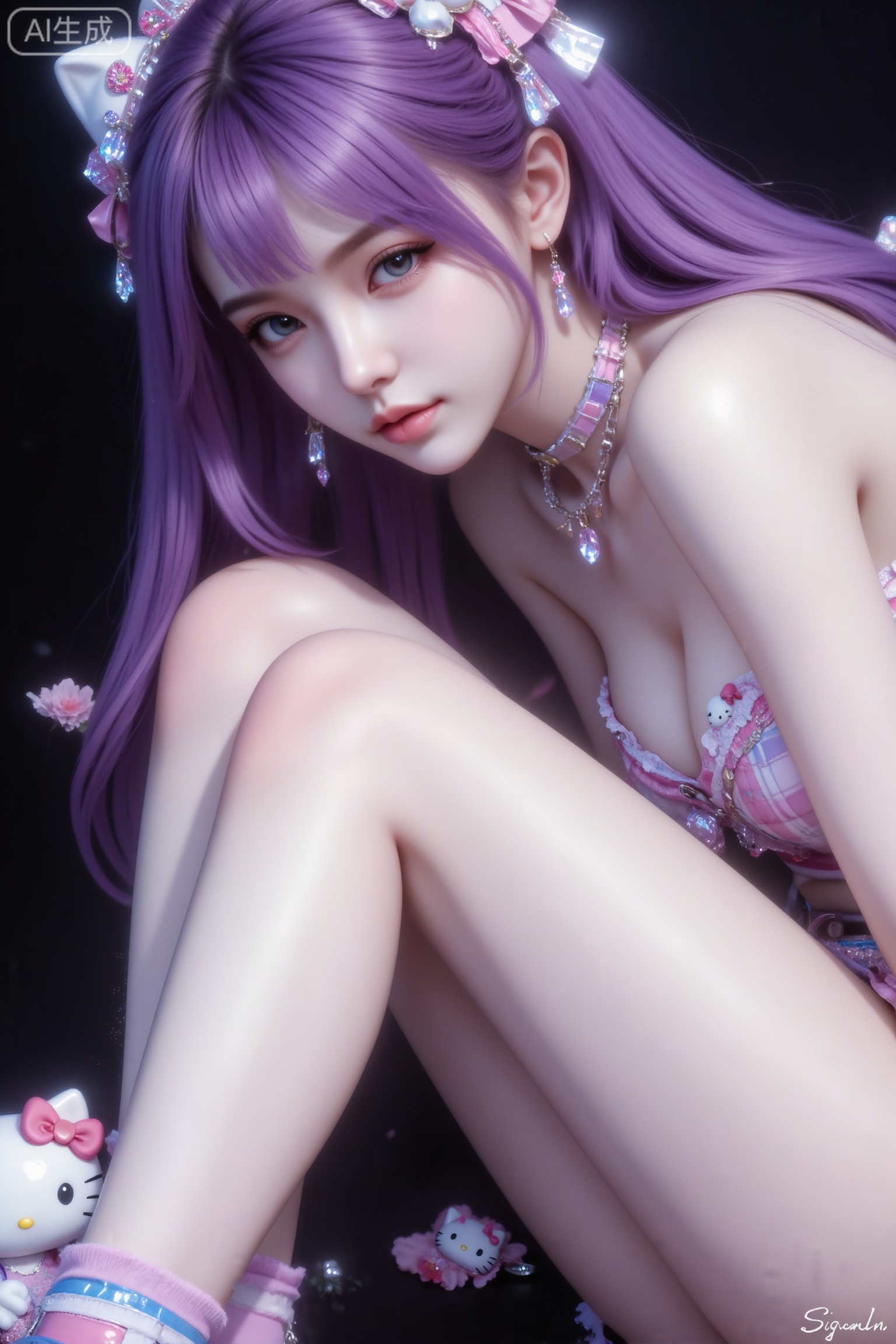 杰作级画质,顶级图像精度,超高清细节渲染,单人女性角色,（紫色亮丽的长发：1.4）,（比例优越的纤细长腿：1.3）,（肌肤白皙光滑的匀称美腿：1.4）,（挺拔饱满的D 罩杯曲线：1.4）,（精致立体的美颜五官：1.4）,美颜全开,光滑油亮的皮肤,水嫩的肌肤,一个女孩,紫色头发东亚美少女,甜酷俏皮,肤白貌美,身着Y2K潮流服饰,被Hello Kitty元素包围超萌姿态,像糖果罐里带着叛逆灵气的甜系辣妹。

超写实,真人拍摄,表情妩媚。极致的光影细节,柔光,柔焦效果,眼神勾人,高噪点,非常复古,细节精致,超多细节,画面很多噪点,近景,极繁主义,极致细节,超精细,超高质感,8K分辨率,水晶流苏,背景繁花,高对比度,高饱和度,动态姿势,充满张力的镜头,Hyesonam AI摄影风格。视觉冲击力,夺目的视觉效果,震撼画面,强烈张力,杰作,最佳品质,HDR写实质感,8K分辨率,电影感,非对称式构图,细节清晰详尽,运用弥散光和轮廓光特写,Signed "by Nam" at the lower right corner.高曝,过曝,暗调,伦勃朗光,强烈明暗对比,高反差,微距,肌理质感,情绪氛围感拉满,慢快门,朦胧美学,层次感,完美构图,超现实摄影效果。