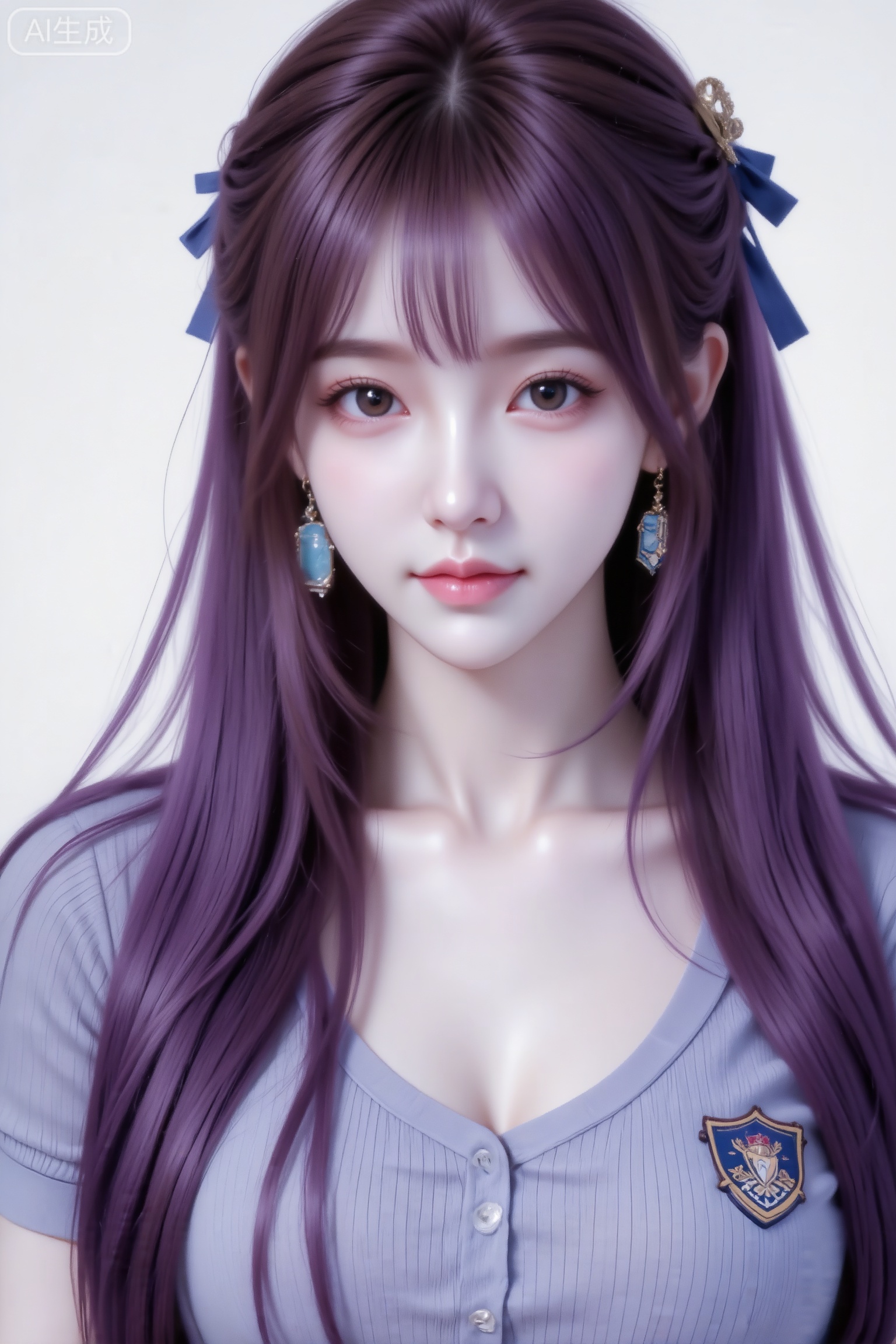 杰作级画质,顶级图像精度,超高清细节渲染,单人女性角色,（紫色亮丽的长发：1.4）,（比例优越的纤细长腿：1.3）,（肌肤白皙光滑的匀称美腿：1.4）,（挺拔饱满的D 罩杯曲线：1.4）,（精致立体的美颜五官：1.4）,美颜全开,光滑油亮的皮肤,水嫩的肌肤,一个女孩,紫色头发湛佳琳CCD拍摄风格,长相呆萌可爱的钝感女生,仅穿着紧身针织衬衫,坐卧在暗冷调拥挤房间,深栗棕色的森系发型自然垂落,带着羞涩的微表情,整体构图随意,具有因快门不足导致的运动模糊效果,充满生活气息的快照风格,东方美女,纯欲风,表情可爱,紫长直深色长发系带束缚,年轻娇小,发丝呈现出自然的蓬松感与垂坠感,长发散落于肩头两侧,几缕发丝拂面,日常生活快照风格,充满生活气息的氛围,日常快照风格,人像摄影,做可爱表情。他拍视角。氛围感。高清,细节,画面丰富,纯欲风,表情可爱,年轻娇小,冷白皮气质美女,皮肤白皙,偶像气质,fairskin,光滑,千金大小姐气质,带着精致砖石耳饰,衣服上有校徽。湛佳琳CCD风格,艺术家湛佳琳风格美学理念,在暗调静谧房间,,高颜值,打光不均匀造成的轻微曝光过度,做可爱表情,眉清目秀,初恋感,表情自然松弛慵懒休闲,眼神很自然不失真,完美身材,皮肤质感白嫩清透,甜美女生,完美贴合身形；整体风格简约大气,又因修身剪裁,俏皮灵动,嫩白皙柔滑,氛围感,故事感,视觉冲击效果,高级感,动态感,32K,大师杰作。梦幻,冷白皮,必须身材完美,肌肤雪白有光泽。整体画面必须清新明亮干净。随机表情,随机的淡妆容,随机发型和颜色,随机的动作,随机的光影,随机角度,总体有很多的不确定性,但又好看,搭配又很合理,最高等级画质,CCD拍摄,情绪片,极简风,唯美迷人,优雅气质,偶像气质,高级感,三庭五眼,瓜子脸,清纯,日常快照风格高质量图像,展现冰瓷玉肌冷白皮绝世美人