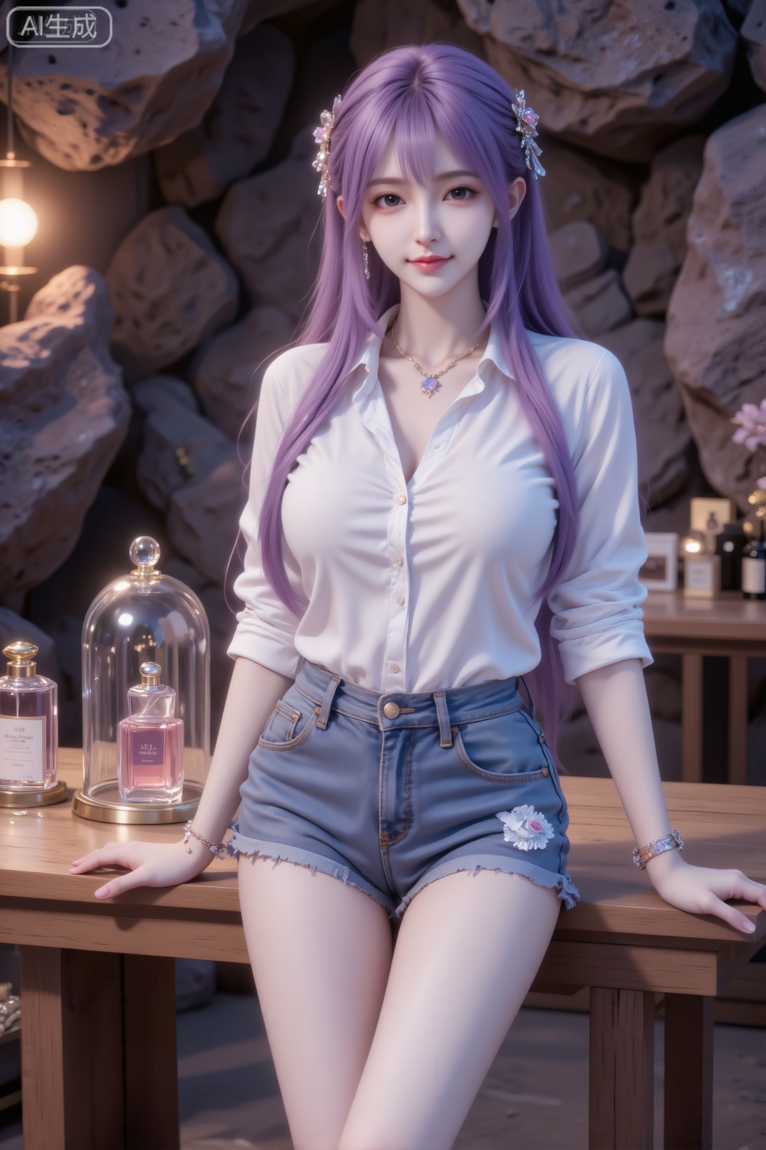 杰作级画质,顶级图像精度,超高清细节渲染,单人女性角色,（紫色亮丽的长发：1.4）,（比例优越的纤细长腿：1.3）,（肌肤白皙光滑的匀称美腿：1.4）,（挺拔饱满的D 罩杯曲线：1.4）,（精致立体的美颜五官：1.4）,美颜全开,光滑油亮的皮肤,水嫩的肌肤,一个女孩,紫色头发真实摄影,紫色头发,身穿白色衬衫、牛仔短裤,站在摆放着带玻璃罩香水瓶的木质长桌旁,背景是岩石墙面,旁侧有暖光装饰,整体风格优雅、精致,充满香氛体验空间的氛围感,随手一拍的快照效果,仿佛不经意间拍下的照片,精致手链,容颜绝美,正面照,超清晰画质,妆造精致,饰品精巧,可爱妆造,温柔大方,五官精致,面部清晰,（电影级面光：1.6）,（光线追踪：1.5）,（冷白皮漫感质感的光滑皮肤：1.7）,（人物有最好的骨相：1.2）,（网感脸：1.6）,身材完美,莫兰迪配色,高颜值网红,INS风,幼态脸,18岁女生尖下巴,三庭五眼比例均衡,细腻陶瓷水嫩肌肤,偏冷白皮,随机的动作,侧光,随机角度拍摄,总体有很多的不确定性,但又好看,
风格甜美少女系,氛围慵懒俏皮,冷白皮气质美女,纯欲风,皮肤白皙,偶像气质,fairskin,气质的江南美女子,有点甜美,皮肤美白透亮,表情可爱,甜美氛围,细腻笔触,独特韵味的美