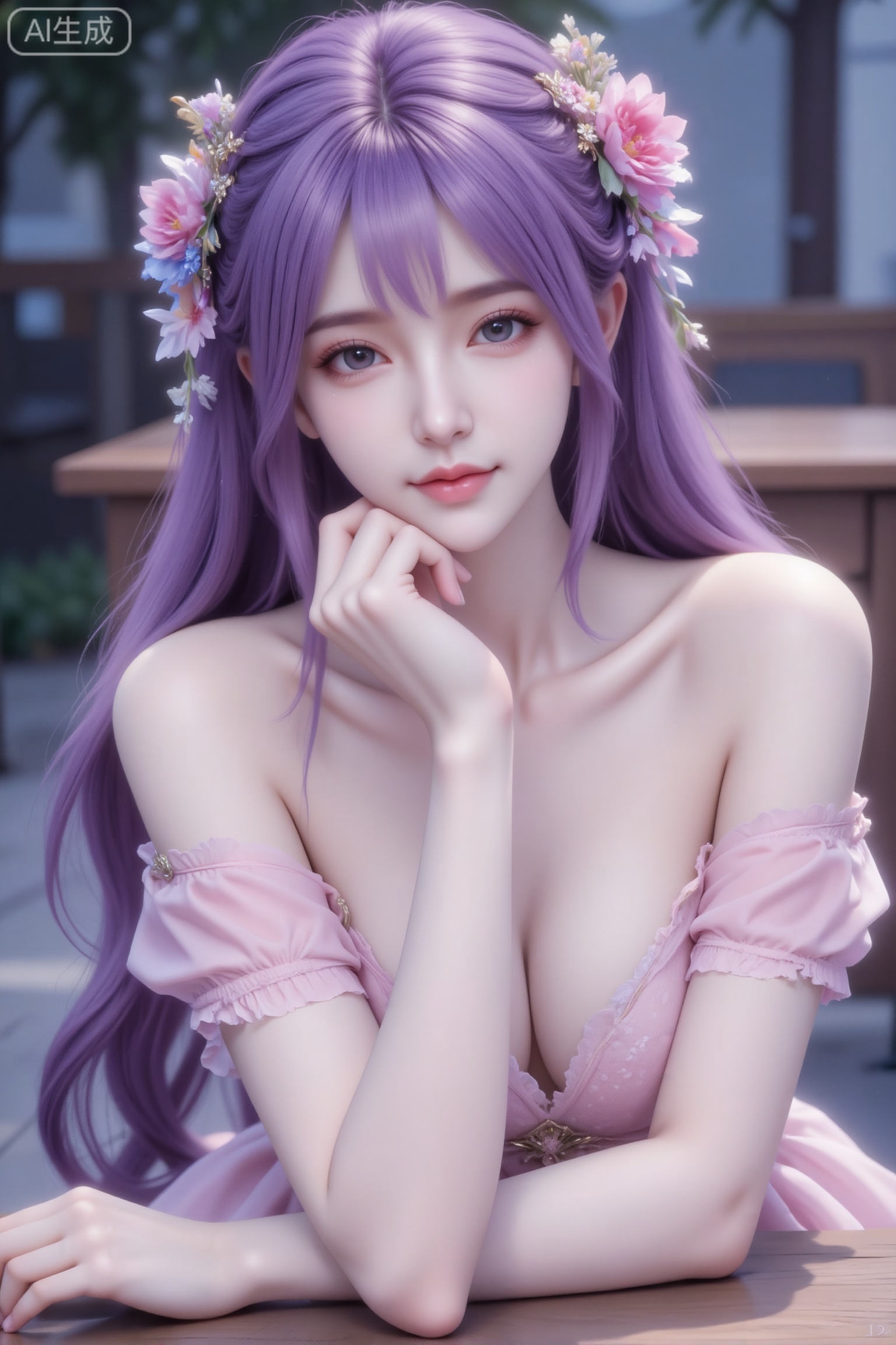 杰作级画质,顶级图像精度,超高清细节渲染,单人女性角色,（紫色亮丽的长发：1.4）,（比例优越的纤细长腿：1.3）,（肌肤白皙光滑的匀称美腿：1.4）,（挺拔饱满的D 罩杯曲线：1.4）,（精致立体的美颜五官：1.4）,美颜全开,光滑油亮的皮肤,水嫩的肌肤,一个女孩,紫色头发,
冷色调,高曝光,高亮度,18岁女大学生,尖下巴,三庭五眼比例均衡,精致妆容,身材较好,细腻陶瓷水嫩肌肤,偏冷白皮,上半身特写,正面照,全景镜头,人物上半身特写镜头,头部装饰各色鲜花,身穿粉色纱质露肩连衣,披肩长卷发,坐在木质桌子前,右手托腮,最高等级画质,IHD,美颜全开,超高清,32k分辨率,去掉一切噪点,户外背景。
