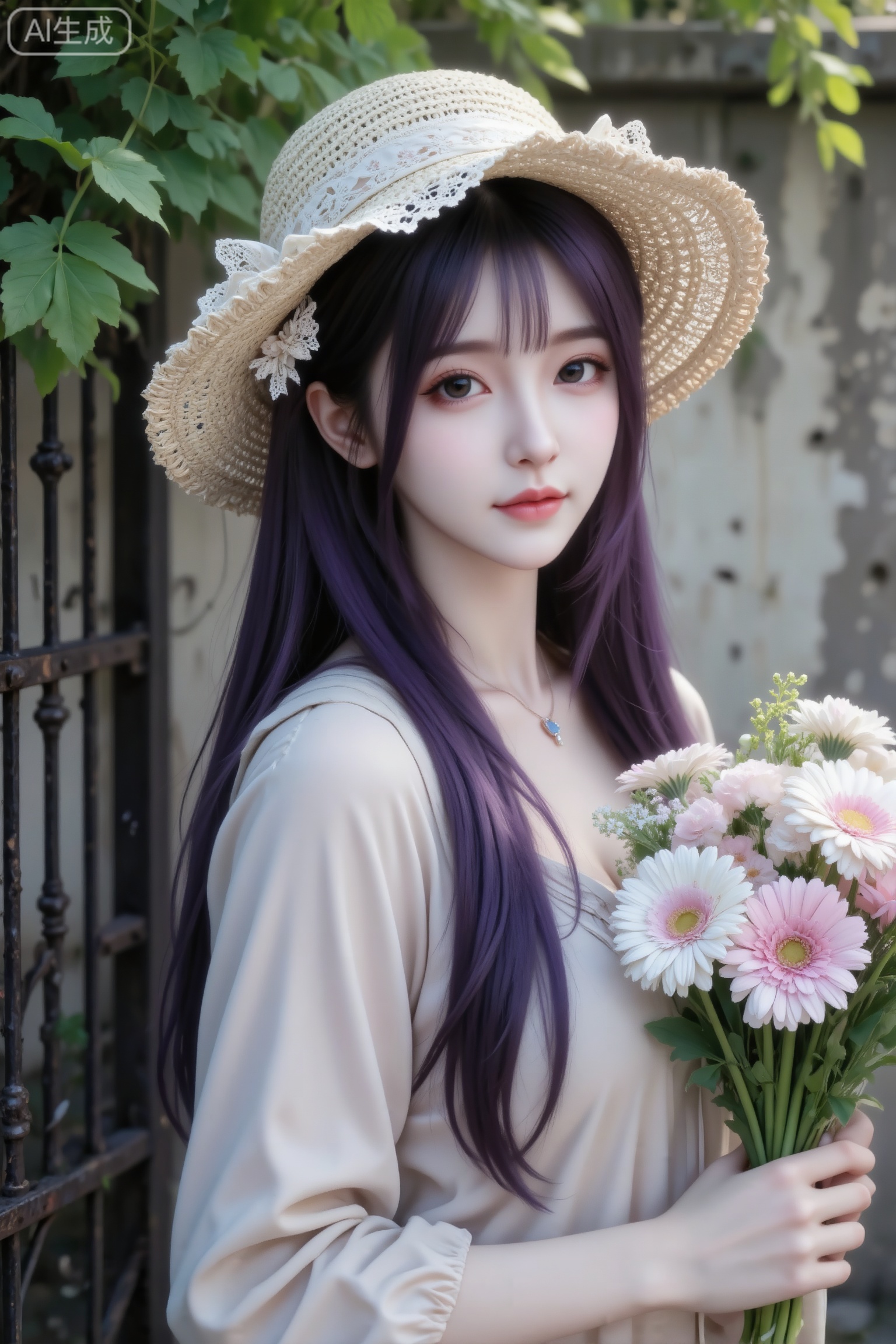 杰作级画质,顶级图像精度,超高清细节渲染,单人女性角色,（紫色亮丽的长发：1.4）,（比例优越的纤细长腿：1.3）,（肌肤白皙光滑的匀称美腿：1.4）,（挺拔饱满的D 罩杯曲线：1.4）,（精致立体的美颜五官：1.4）,美颜全开,光滑油亮的皮肤,水嫩的肌肤,一个女孩,紫色头发真实摄影,黑色长发,戴着米色蕾丝花边草帽,穿着浅米色宽松上衣,手持一束粉白色非洲菊,侧身处带有绿植垂落、老旧墙面与铁栅栏的户外环境,整体风格清新、文艺,充满春日与田园融合的温柔氛围感,19岁江南美女子,东方美女,高颜值纯欲少女,idol气质,脸型精致,精致脸蛋,（电影级面光：1.6）,（光线追踪：1.5）,（冷白皮漫感质感的光滑皮肤：1.7）,（人物有最好的骨相：1.2）,（网感脸：1.6）,身材完美,莫兰迪配色,高颜值网红,INS风,幼态脸,19岁女生尖下巴,三庭五眼比例均衡,身材娇小,细腻陶瓷水嫩肌肤,偏冷白皮,随机的妆容,随机的饰品,随机的动作,侧光,发丝轻飘,凌乱,随机角度拍摄,总体有很多的不确定性,但又好看,
风格甜美少女系,氛围慵懒俏皮,东方美女年轻娇小,冷白皮气质美女,薇薇纯欲风,皮肤白皙,偶像气质,fairskin,气质的江南美女子,有点甜美,皮肤美白透亮,表情可爱,甜美氛围,细腻笔触,独特韵味的美,可爱表情,正面照,近景人物上半身特写