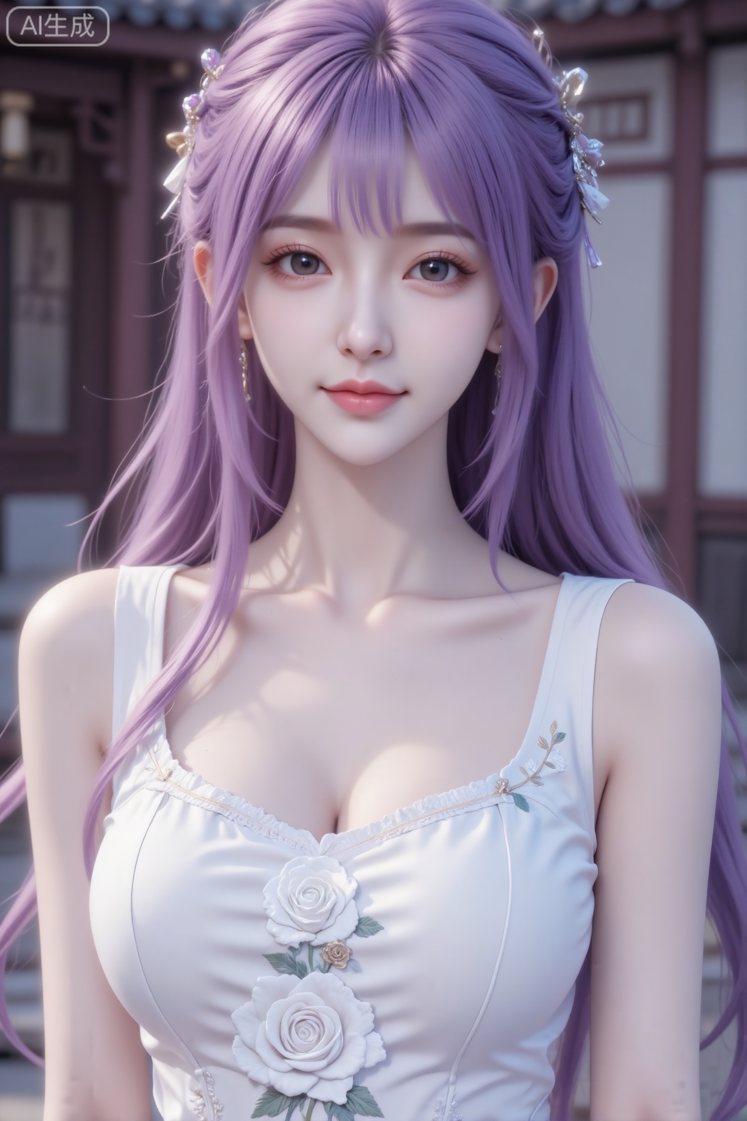 杰作级画质,顶级图像精度,超高清细节渲染,单人女性角色,（紫色亮丽的长发：1.4）,（比例优越的纤细长腿：1.3）,（肌肤白皙光滑的匀称美腿：1.4）,（挺拔饱满的D 罩杯曲线：1.4）,（精致立体的美颜五官：1.4）,美颜全开,光滑油亮的皮肤,水嫩的肌肤,一个女孩,紫色头发（电影级面光：1.6）,（光线追踪：1.5）,（冷白皮漫感质感的光滑皮肤：1.7）,（人物有最好的骨相：1.2）,（网感脸：1.6）,身材完美,莫兰迪配色,高颜值网红,INS风,幼态脸,19岁女生尖下巴,三庭五眼比例均衡,身材娇小,细腻陶瓷水嫩肌肤,偏冷白皮,随机的妆容,随机的饰品,随机的动作,侧光,发丝轻飘,凌乱,随机角度拍摄,总体有很多的不确定性,但又好看,
风格甜美少女系,氛围慵懒俏皮,东方美女年轻娇小,冷白皮气质美女,薇薇纯欲风,皮肤白皙,偶像气质,fairskin,气质的江南美女子,有点甜美,皮肤美白透亮,表情可爱,甜美氛围,细腻笔触,独特韵味的美,可爱表情,正面照,人物上半身特写,身穿白色圆领连衣裙,精致白色玫瑰刺绣,最高等级画质,中式户外背景。